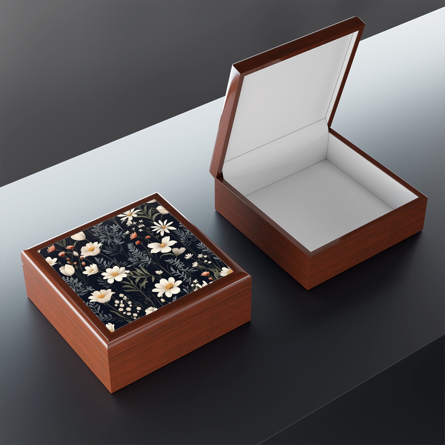 Floral Keepsake Jewelry Box — Dark Botanical Daisies