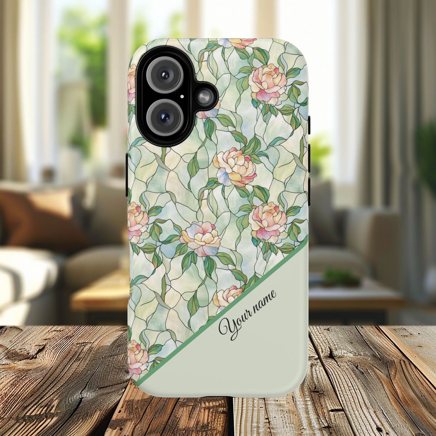 Personalized Petal Whispers Stained Glass Tough Magnetic iPhone Case, Durable Rose Pattern, Cute Gift for Her, iPhone Accessory, Mother's Day, Birthday Gift