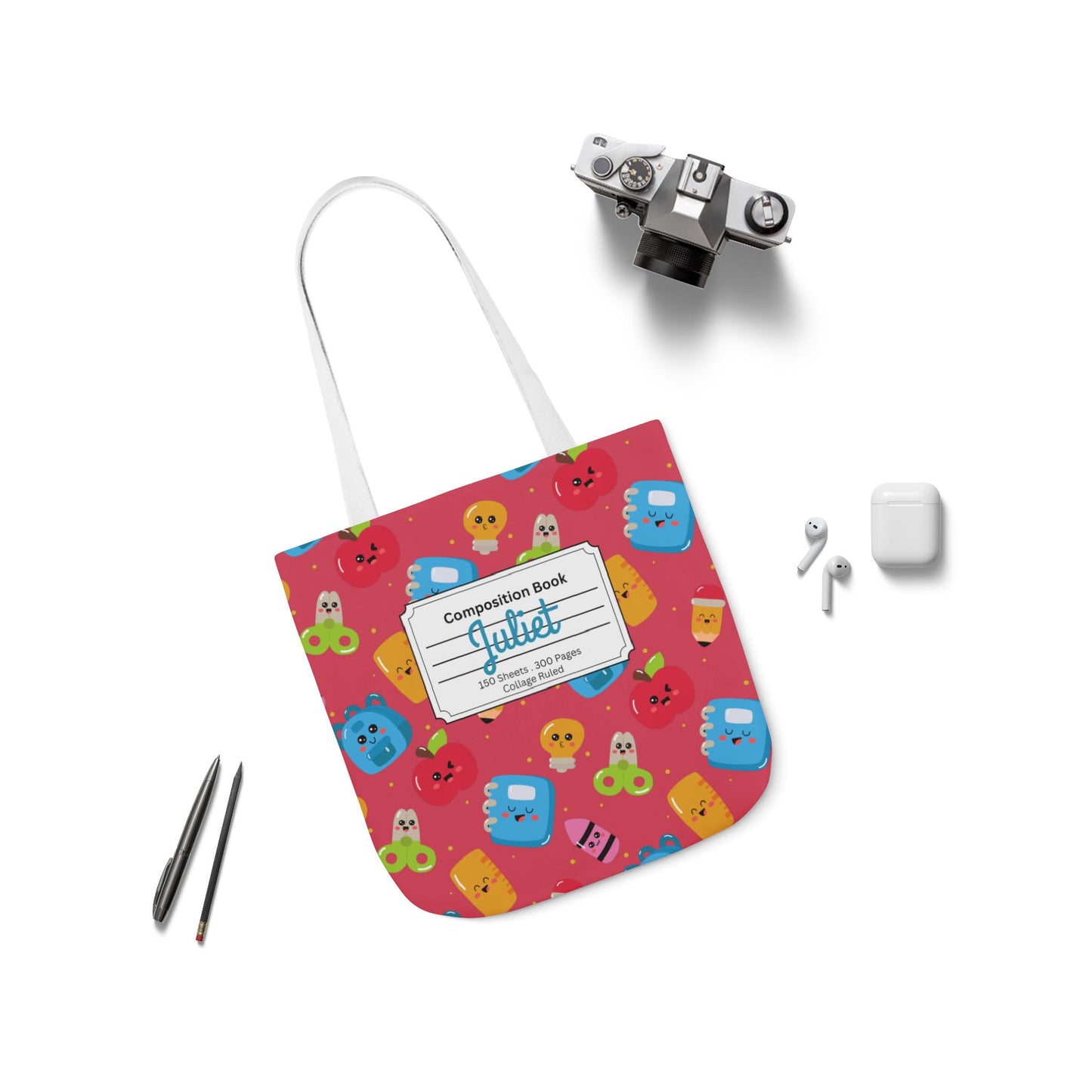 Personalized Kawaii Composition Book Inspired Canvas Tote Bag with Colorful Straps, Cute School Bag, Eco-Friendly Tote, Back to School Shopping Bag, Teacher Gift Idea
