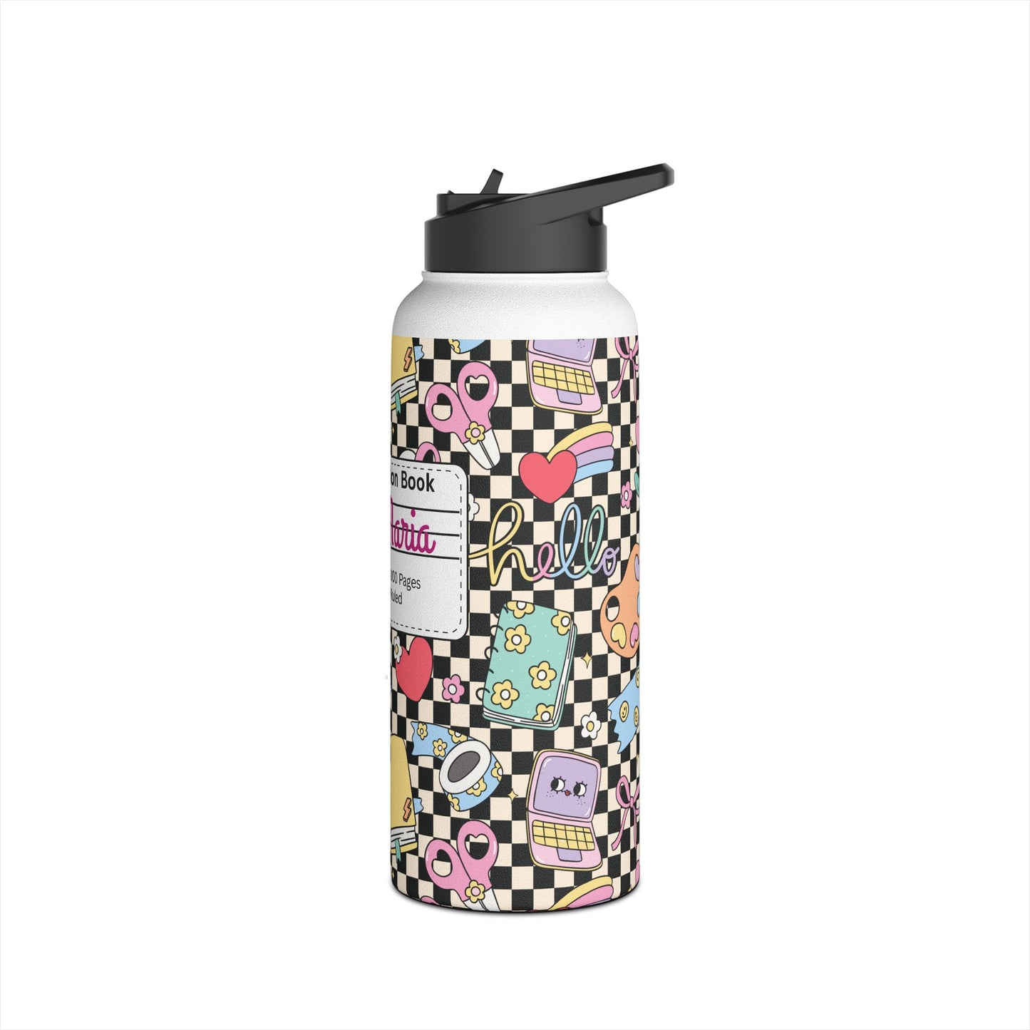 Personalized Black Doodle Daydream Composition Book Inspired Stainless Steel Water Bottle for Kids, School Supplies, Eco-Friendly Drinkware, Back to School, Teacher Gifts