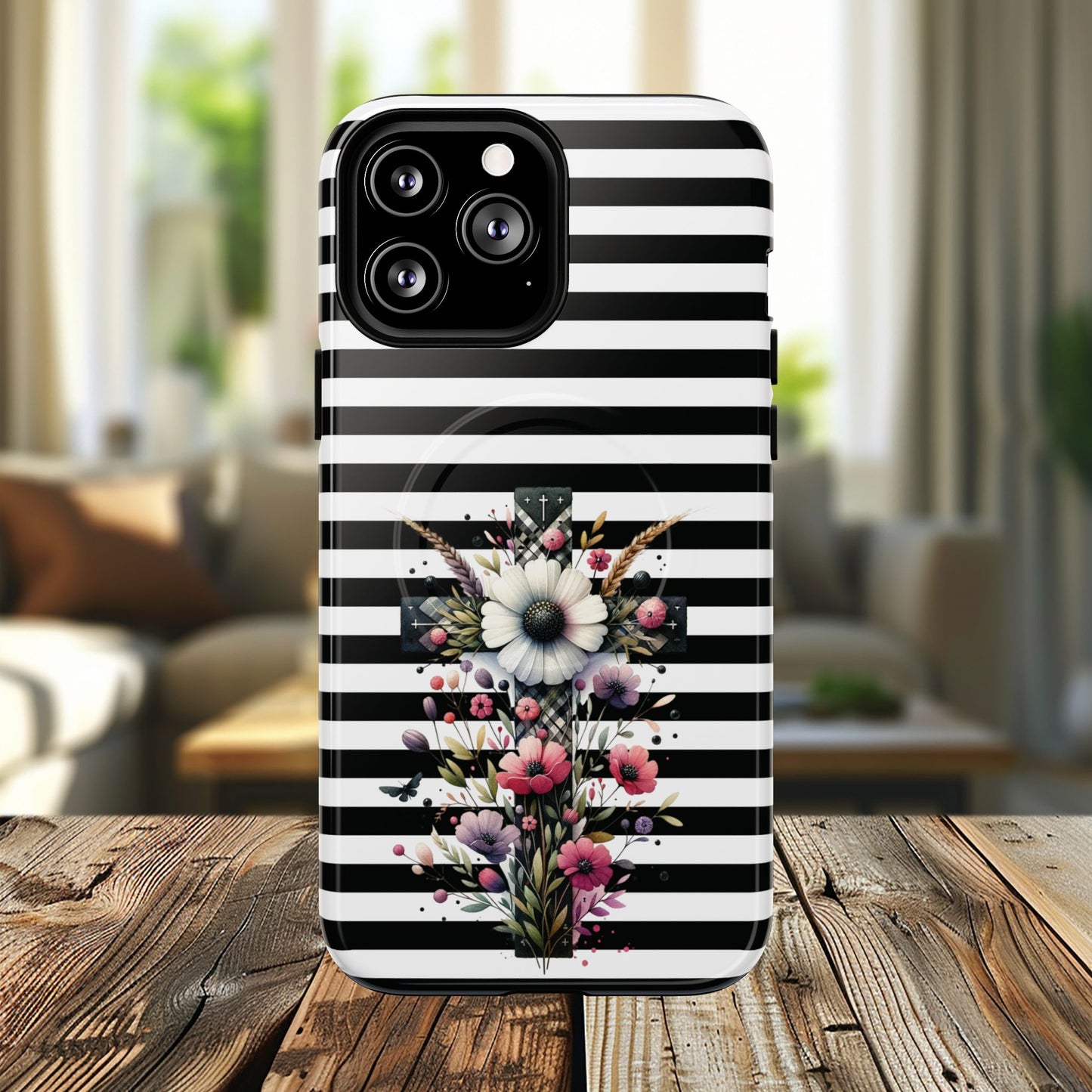 Faith in Bloom Tough iPhone Magnetic Case, iPhone Accessories, Floral iPhone Cover, Durable Cases for Gifts, Black and White Stripes