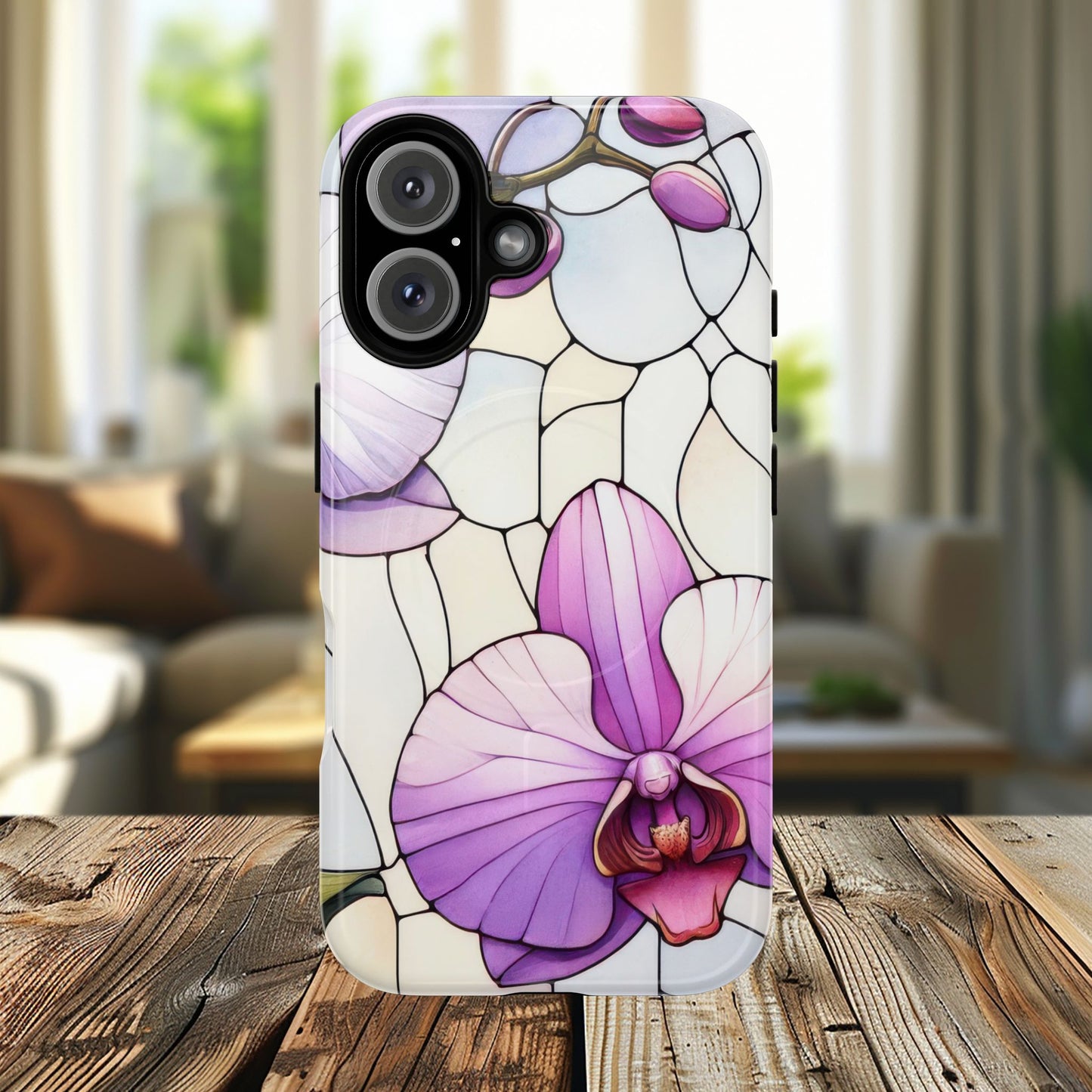 Orchid Grace Tough iPhone Magnetic Case, Protective iPhone Cover, Trendy Stained Glass Design, Floral Gift, Unique iPhone Accessory, Durable iPhone Case