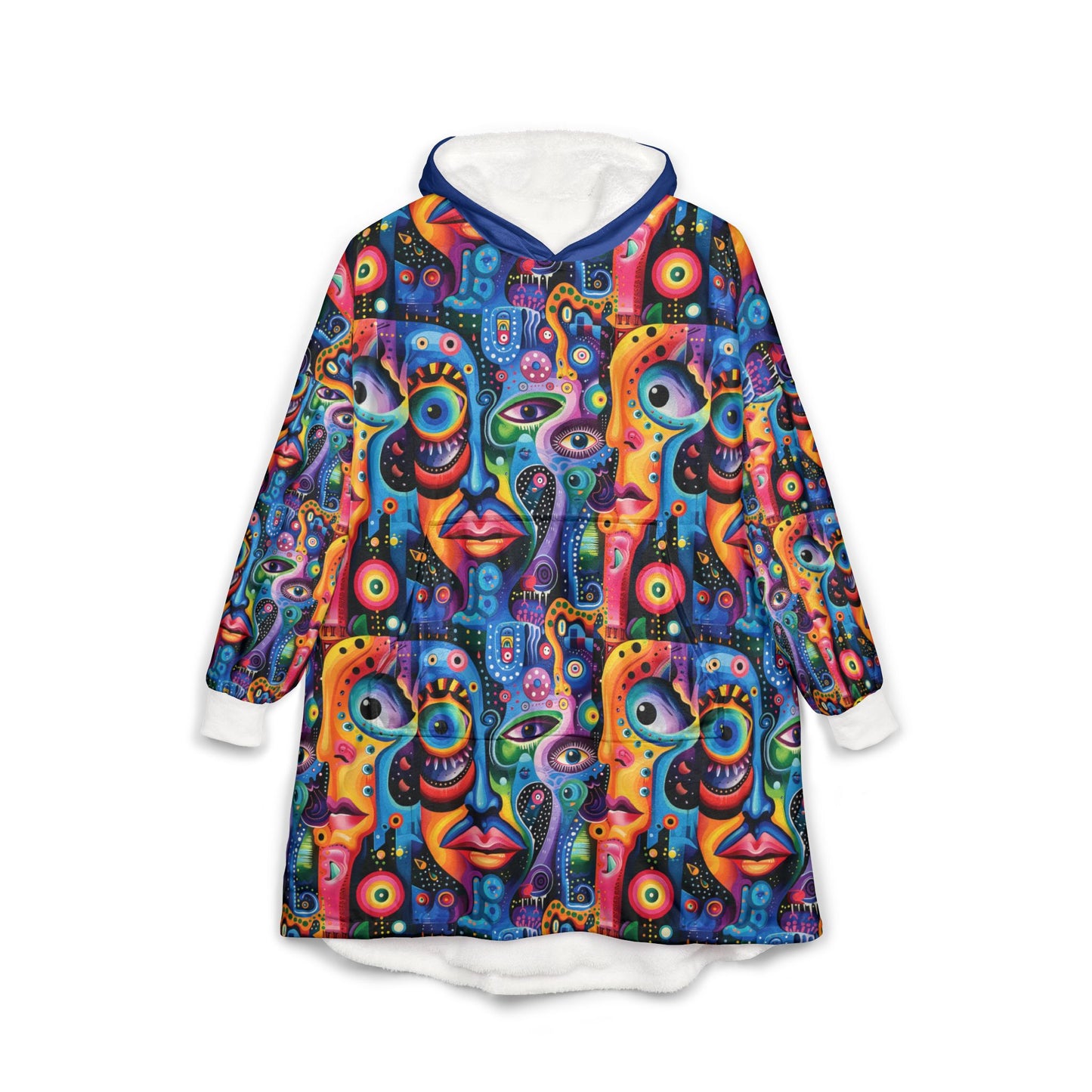 Psychedelic Visions Colorful Unisex Hooded Blanket with Abstract Faces - Cozy and Fun