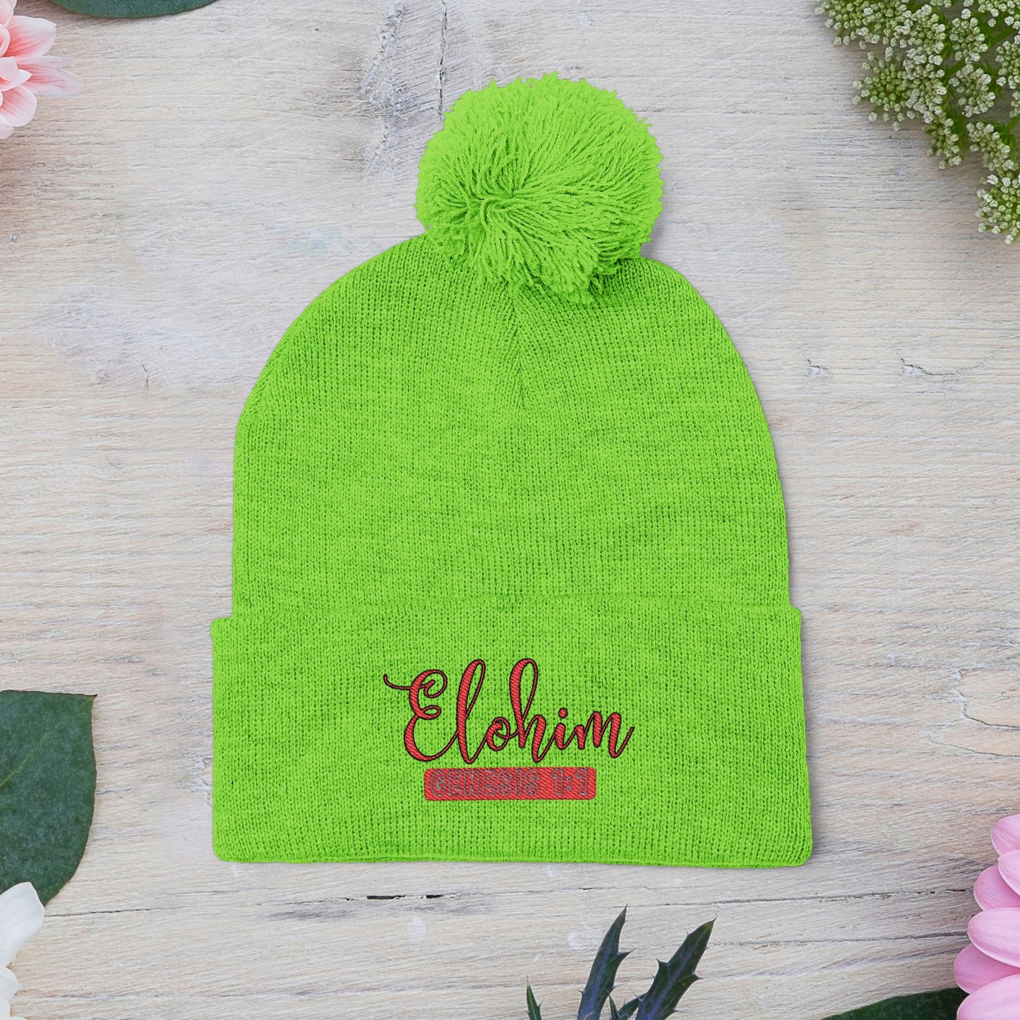 Red Pom-Pom Knit Cap with 'ELOHIM, GENESIS 1:1'  Embroidery Beanie - Stylish Winter Accessory for All Ages, Perfect Gift for Birthdays, Holidays, and Outdoor Activities