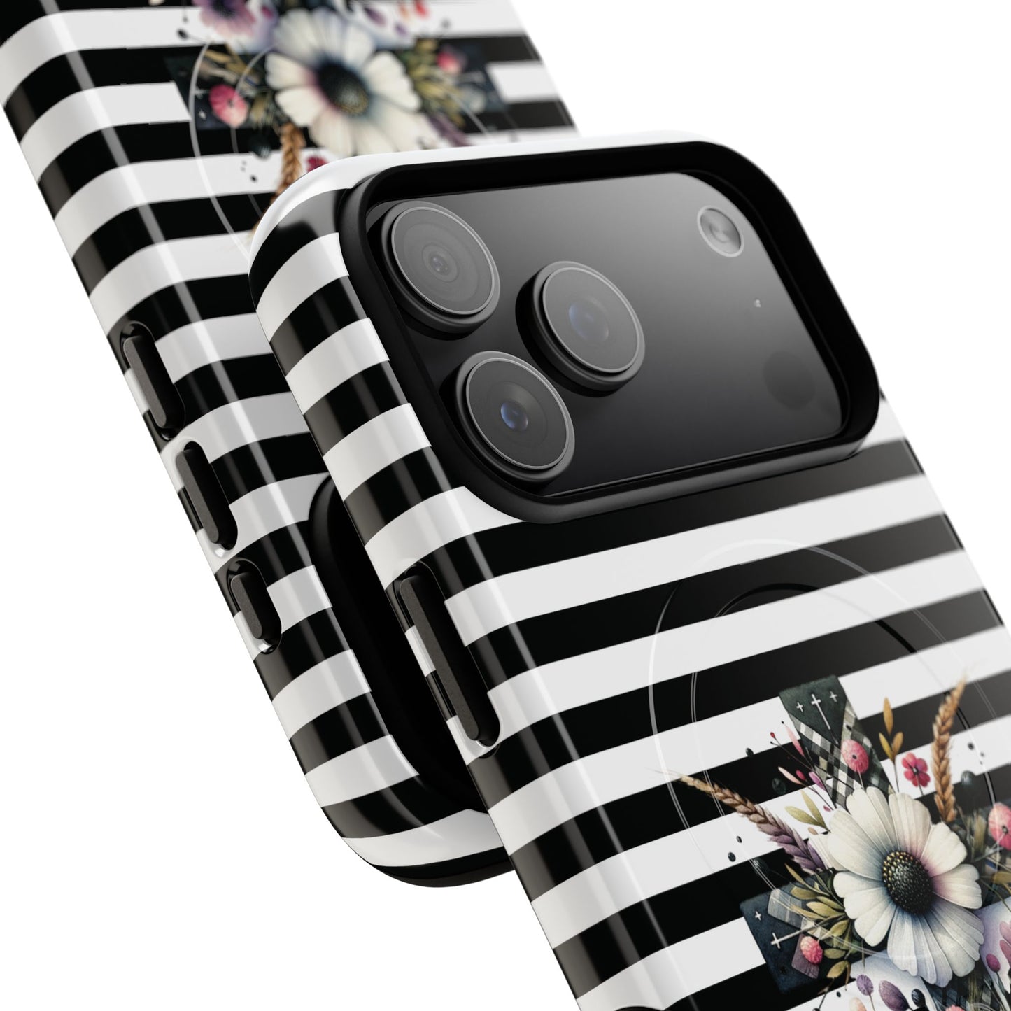 Faith in Bloom Tough iPhone Magnetic Case, iPhone Accessories, Floral iPhone Cover, Durable Cases for Gifts, Black and White Stripes