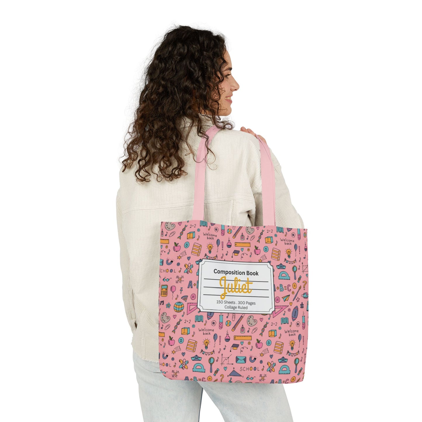 Personalized Pink Chalkboard Chic Composition Book Inspired Canvas Tote Bag with Colorful Straps, Cute School Bag, Eco-Friendly Tote, Back to School Shopping Bag, Teacher Gift Idea