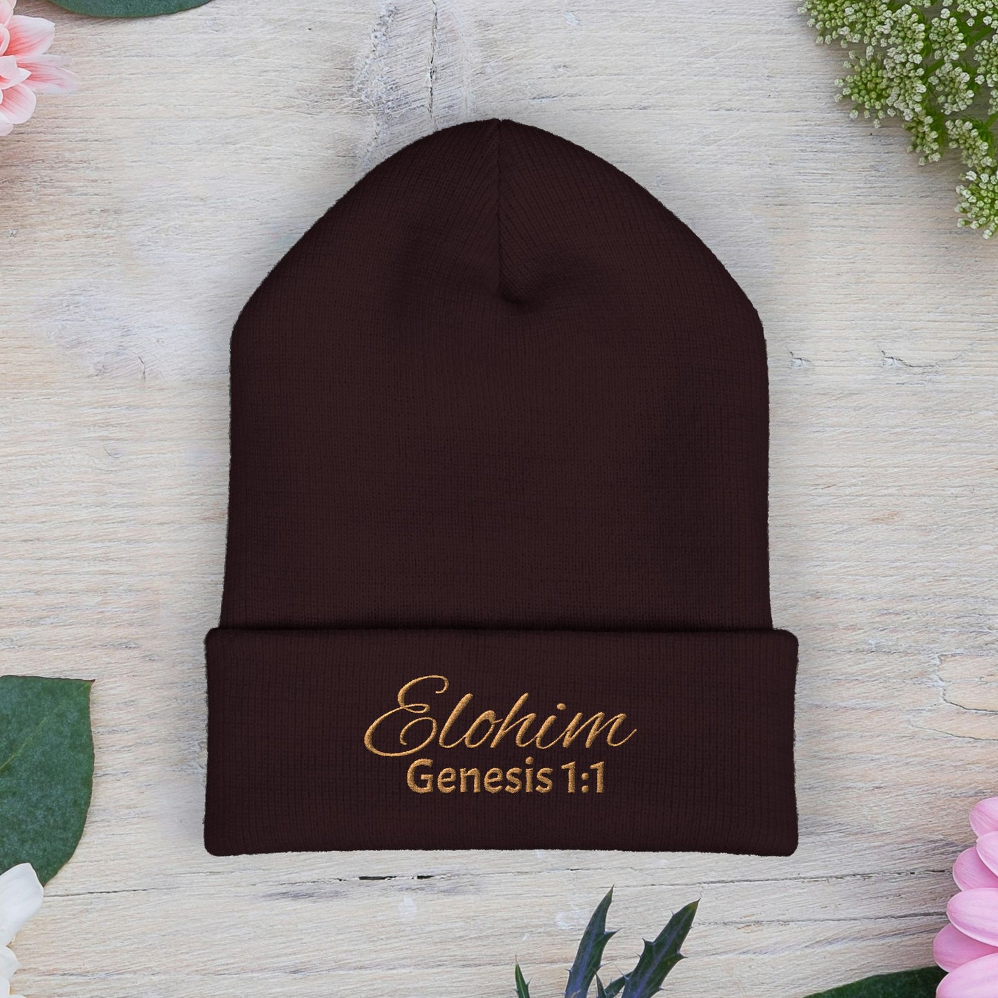 Brown Embroidered 'ELOHIM, GENESIS 1:1' Classic Cuffed Beanie - Cozy Winter Hat, Streetwear Accessory, Personalized Gifts, Religious Apparel, Unisex Beanie