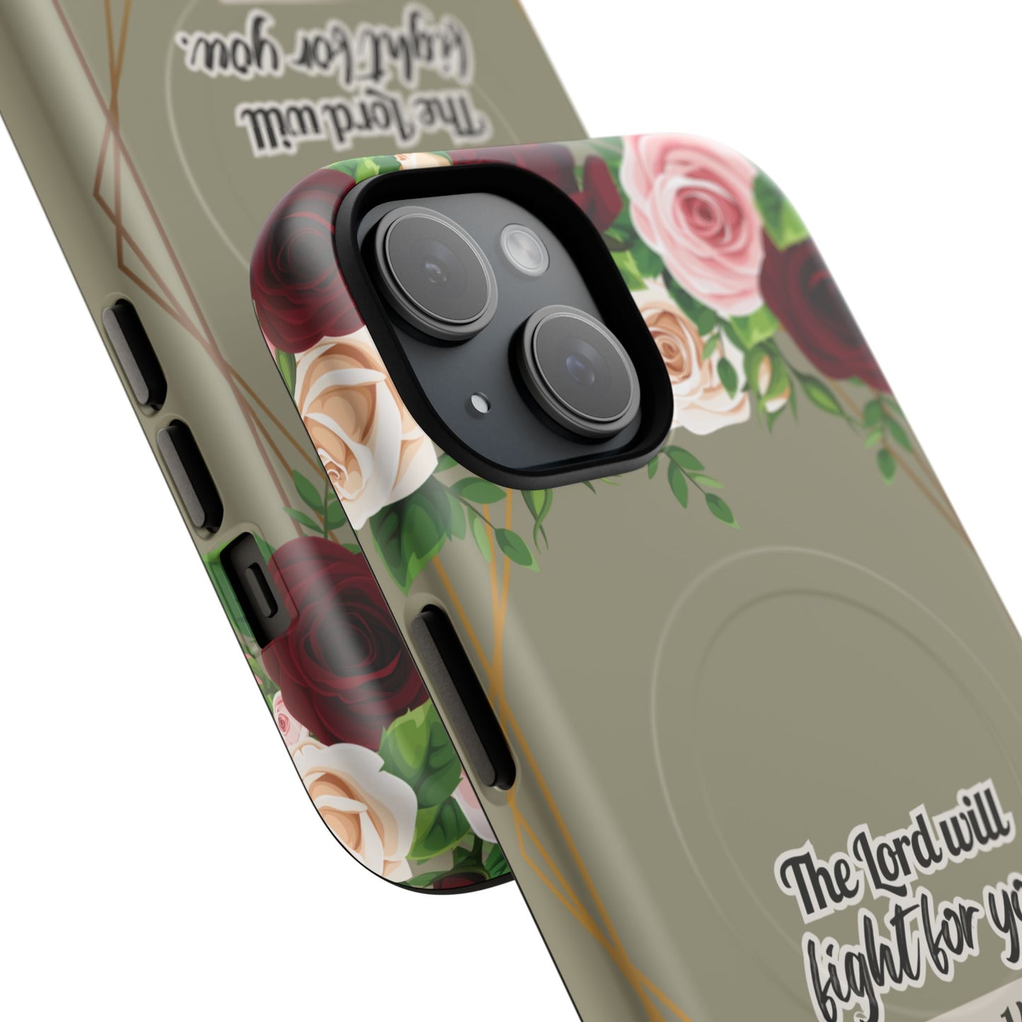 The Lord will Fight for You Exodus 14:14, Inspirational Gift, Tough iPhone Magnetic Case Scripture, Roses Bible Verse, MagSafe® iPhone® Tough Case, iPhone 14, iPhone 15, iPhone 16, Pro, Pro Max, Plus.