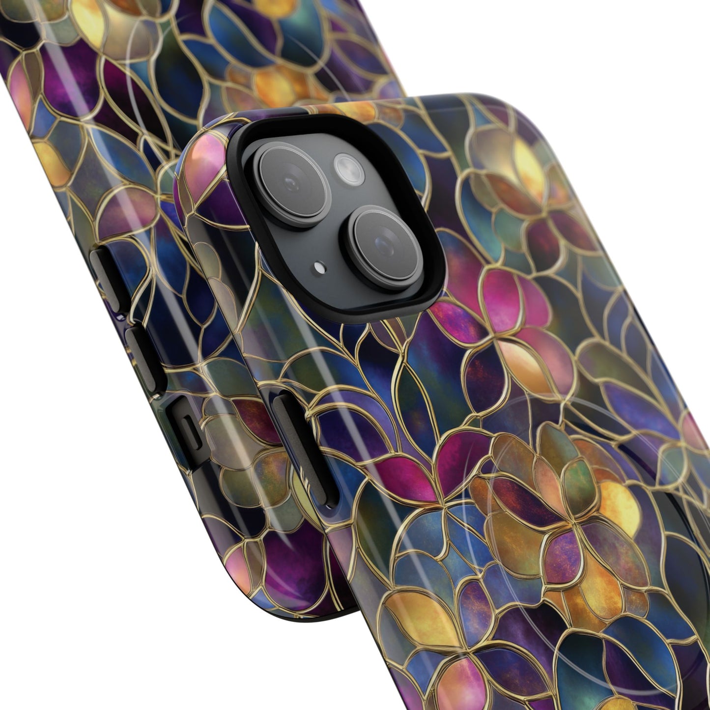 Chromatic Bloom Tough iPhone Magnetic Case, Tough iPhone Cover, Floral iPhone Accessory, Birthday Gift, Elegant Tech Decor, MagSafe Stained Glass Pattern.
