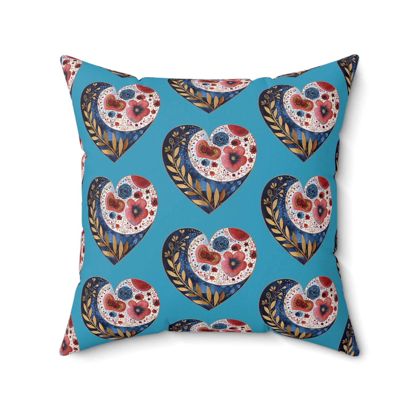 Turquoise Floral Heart Spun Polyester Square Pillow