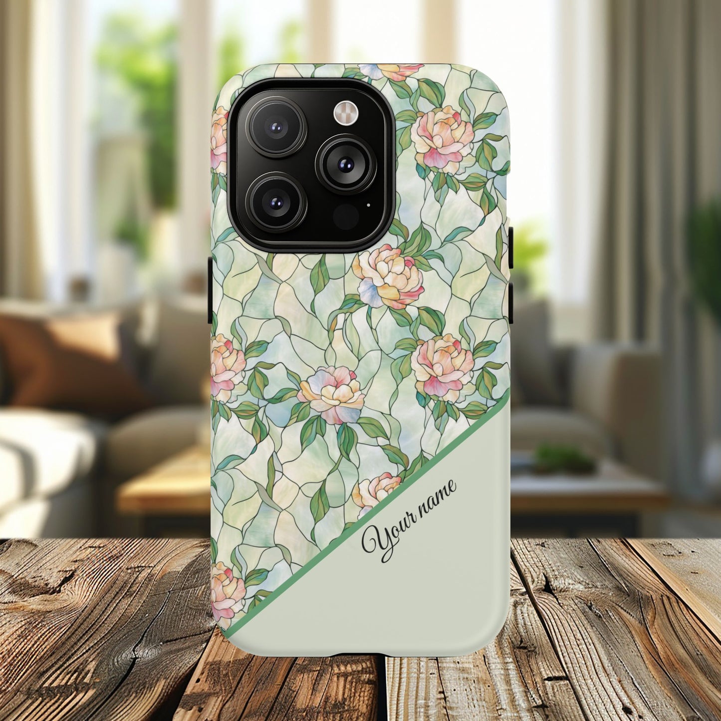 Personalized Petal Whispers Stained Glass Tough Magnetic iPhone Case, Durable Rose Pattern, Cute Gift for Her, iPhone Accessory, Mother's Day, Birthday Gift