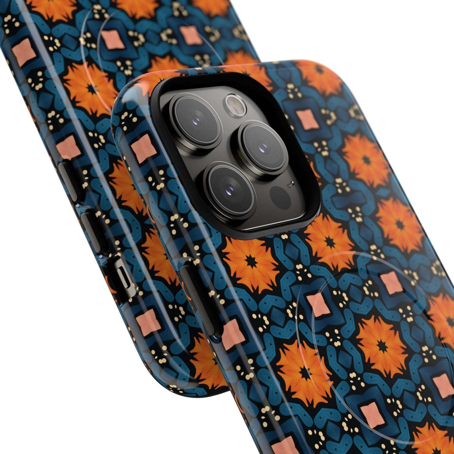Saffron Tile Bloom Vibrant Floral Tough Magnetic iPhone Case, Durable iPhone Cover, Gift for Her, Floral Design, Unique iPhone Protection.