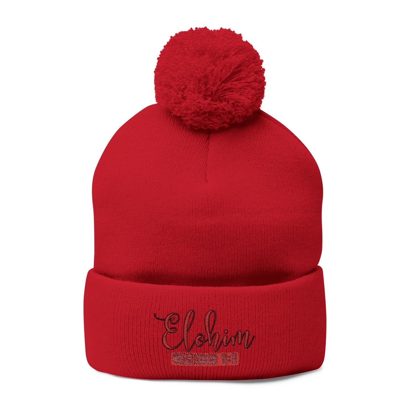 Red Pom-Pom Knit Cap with 'ELOHIM, GENESIS 1:1'  Embroidery Beanie - Stylish Winter Accessory for All Ages, Perfect Gift for Birthdays, Holidays, and Outdoor Activities