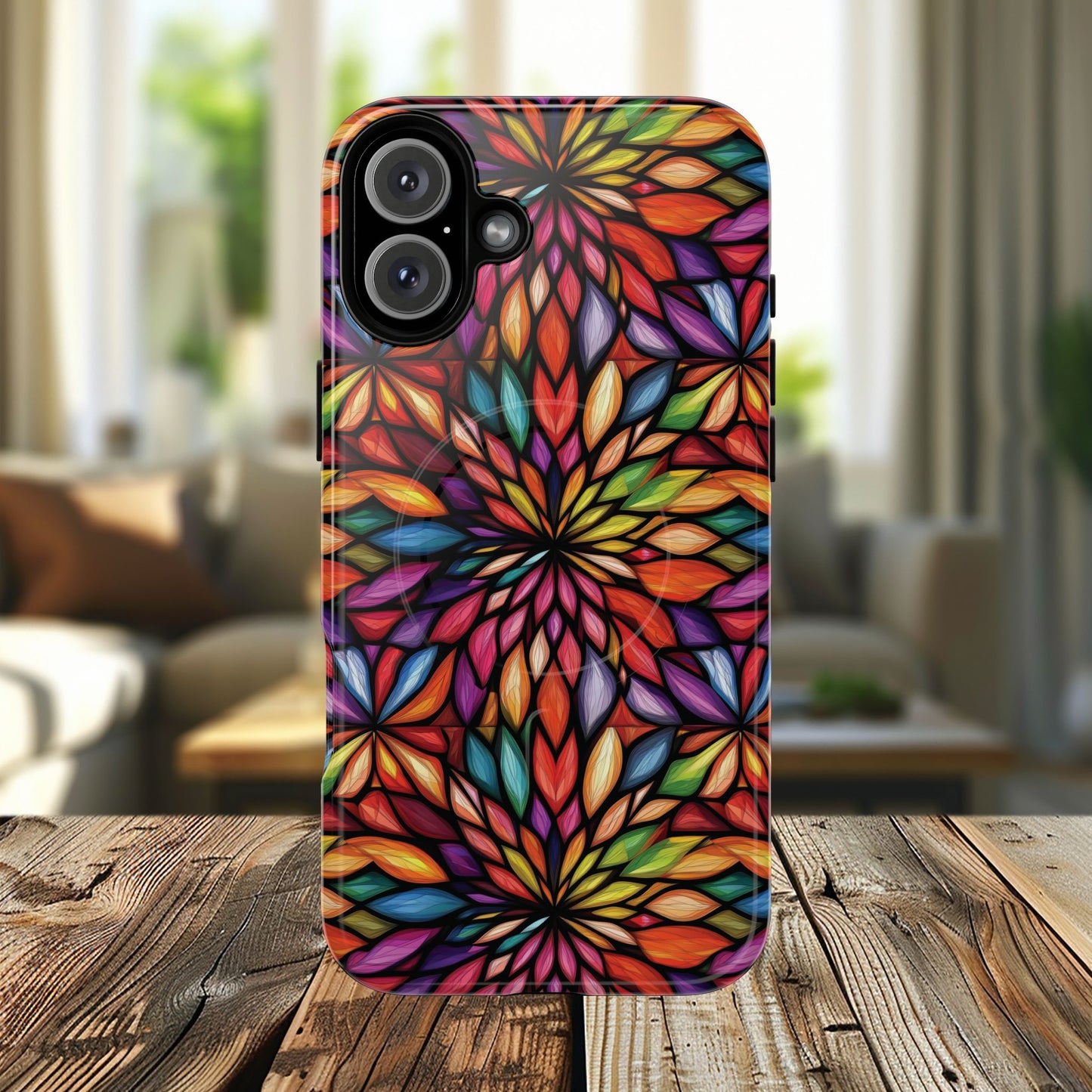 Prism Bloom Tough iPhone Magnetic Case, Stained Glass  MagSafe Cases, iPhone Accessory, Floral Design, Unique Gift, iPhone Protection