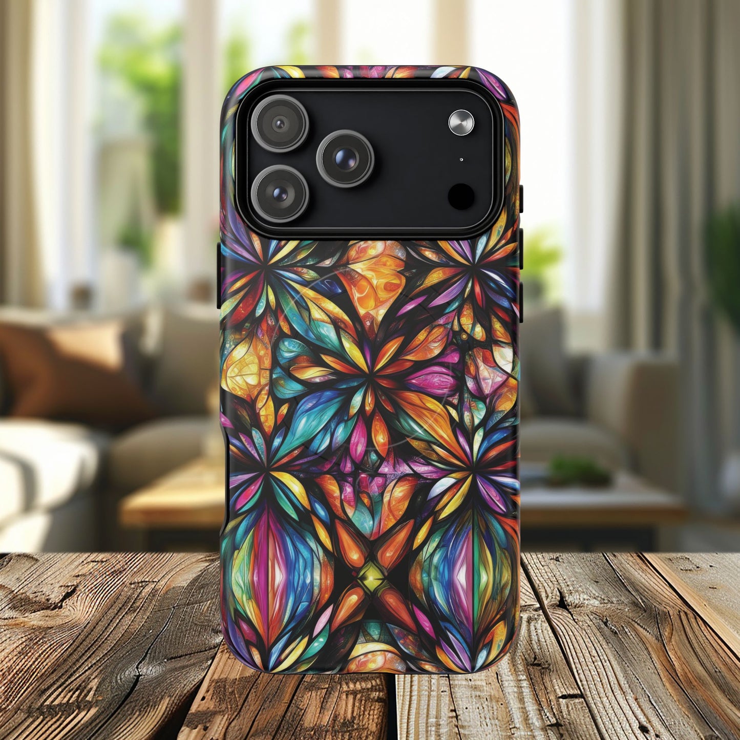 Luminous Whirl Tough Magnetic iPhone Cases, Vibrant Protection, Unique Floral Print, Durable Cover, Gift for Tech Lovers, iPhone Accessory, Stained Glass iPhone Design.