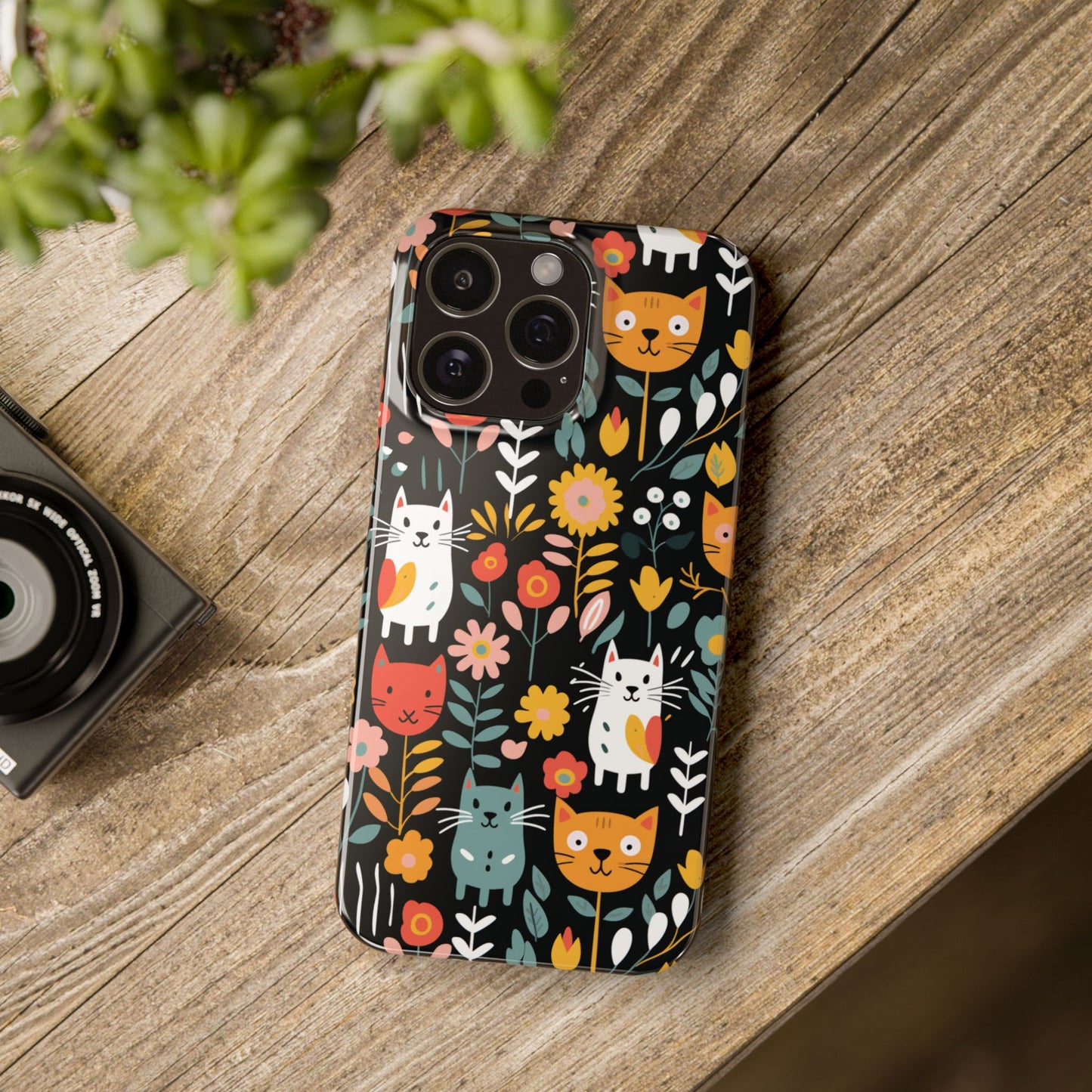 Whimsical Feline Garden iPhone Case — Slim Floral Cat Design (Matte or Glossy) for iPhones.