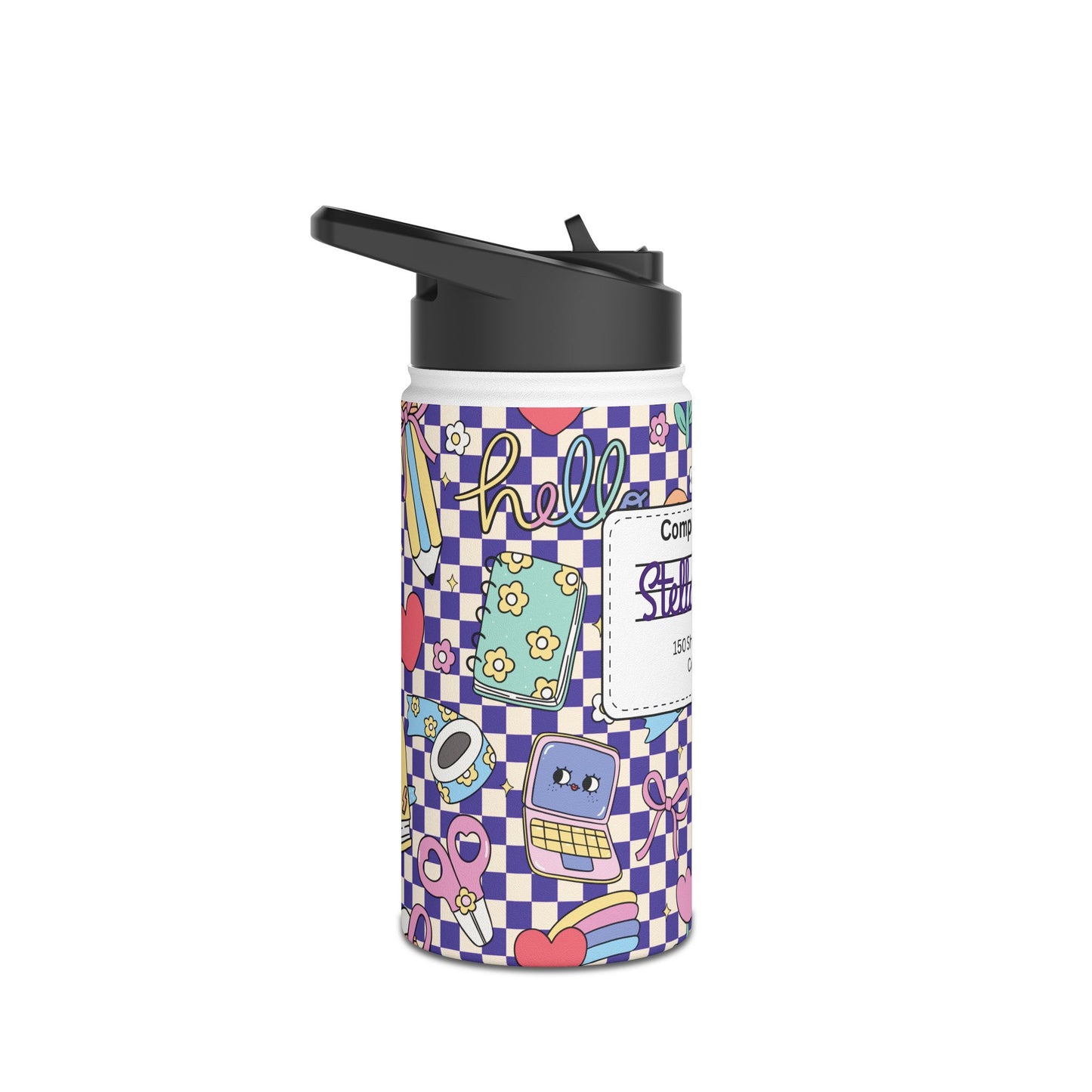 Personalized Purple Doodle Daydream Composition Book Inspired Stainless Steel Water Bottle for Kids, School Supplies, Eco-Friendly Drinkware, Back to School, Teacher Gifts