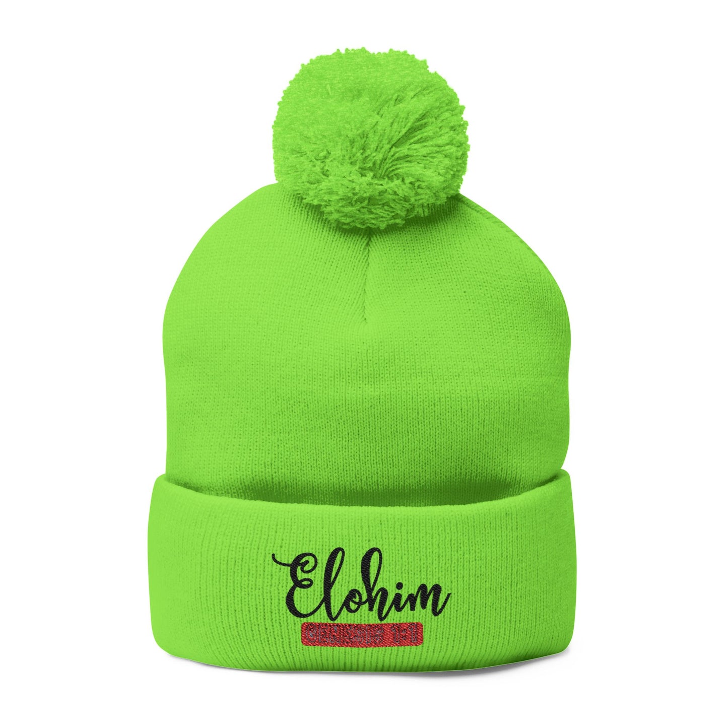 Pom-Pom Knit Cap with 'ELOHIM, GENESIS 1:1'  Embroidery Beanie - Stylish Winter Accessory for All Ages, Perfect Gift for Birthdays, Holidays, and Outdoor Activities