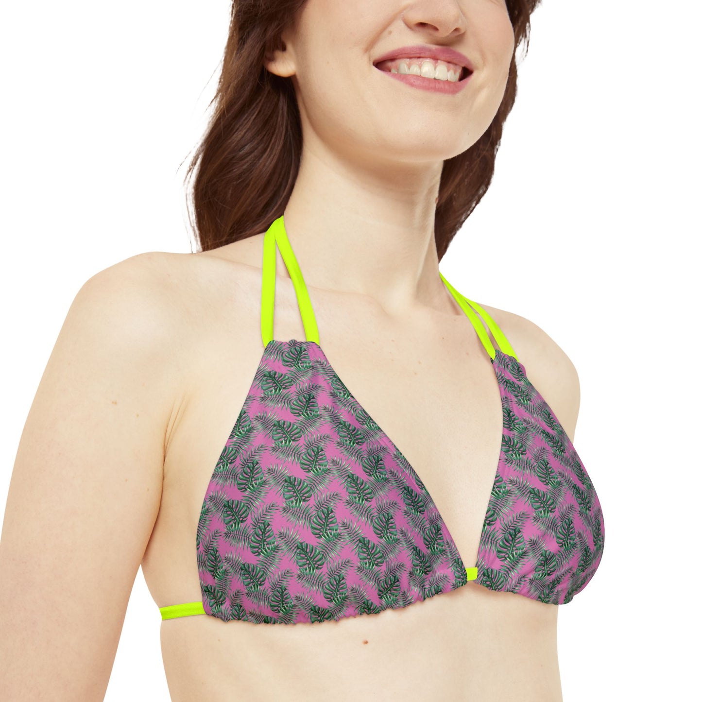Pink Tropical Bliss Strappy Triangle Bikini Top (AOP)- (PY)