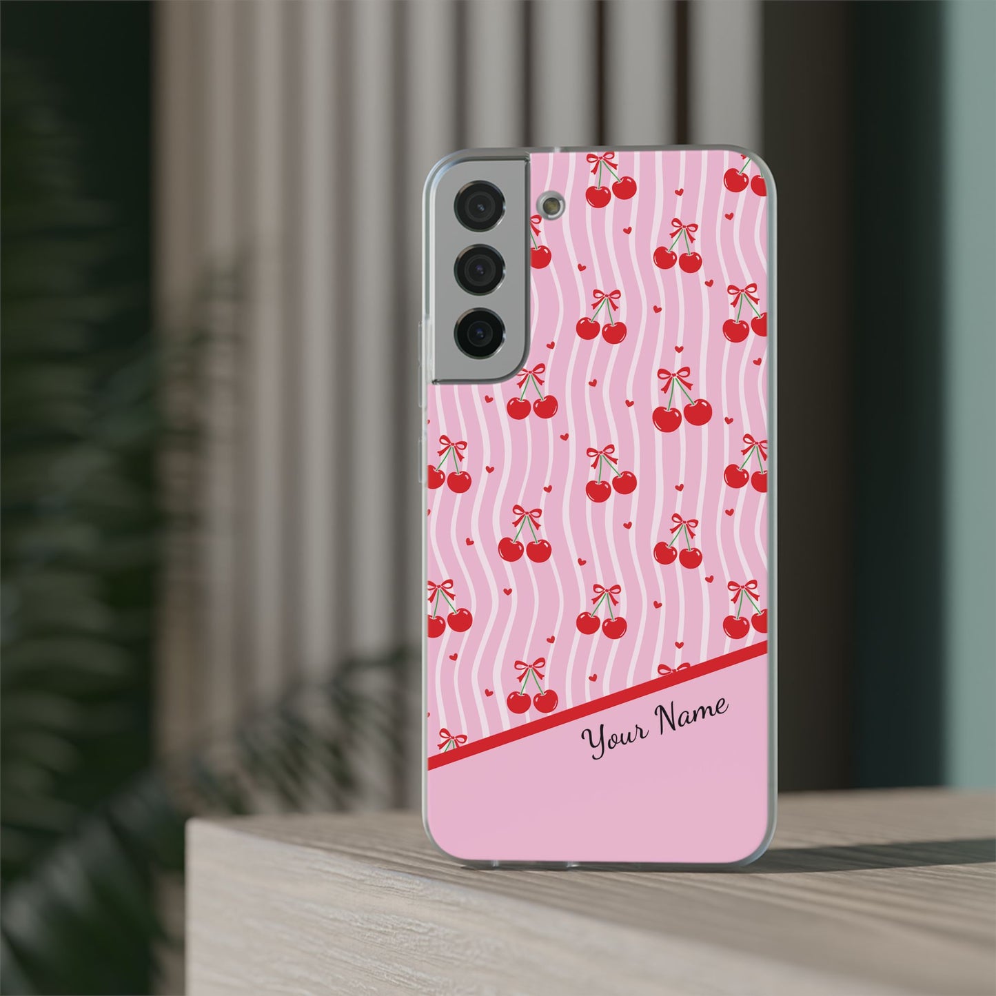 Personalized Cherry Blossom Dreams Flexi Case — Pink Retro Cherry iPhone® 7/8, 11, 12, 13, 14, 15, 16, 17, X/XS, SE, XR, Mini, Pro, Pro Max, Plus Cases.