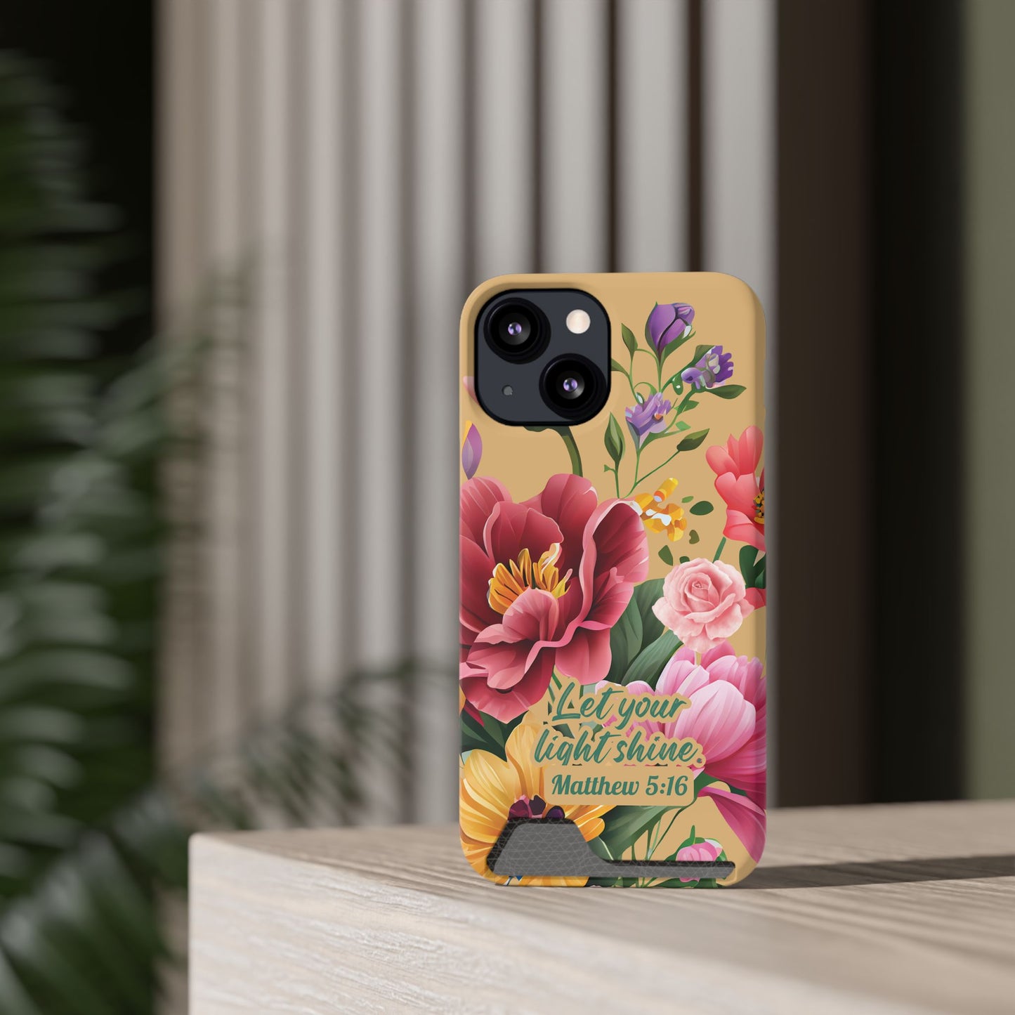 Floral Bible Verse Phone Case with Card Holder — "Let Your Light Shine" (Matthew 5:16)