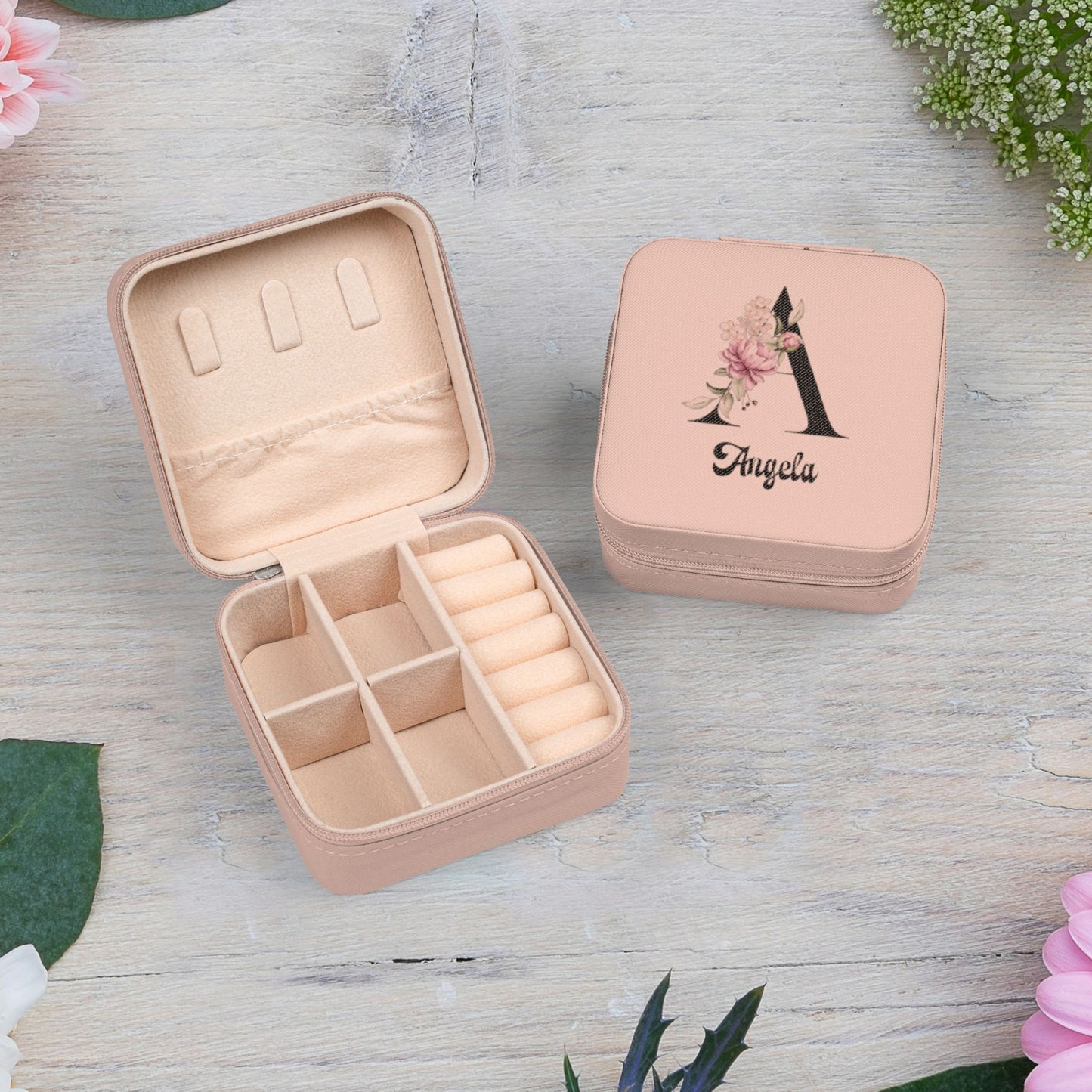 Personalized Floral Monogram Jewelry Travel Case — Compact Pink Ring & Earring Organizer (Custom Name)