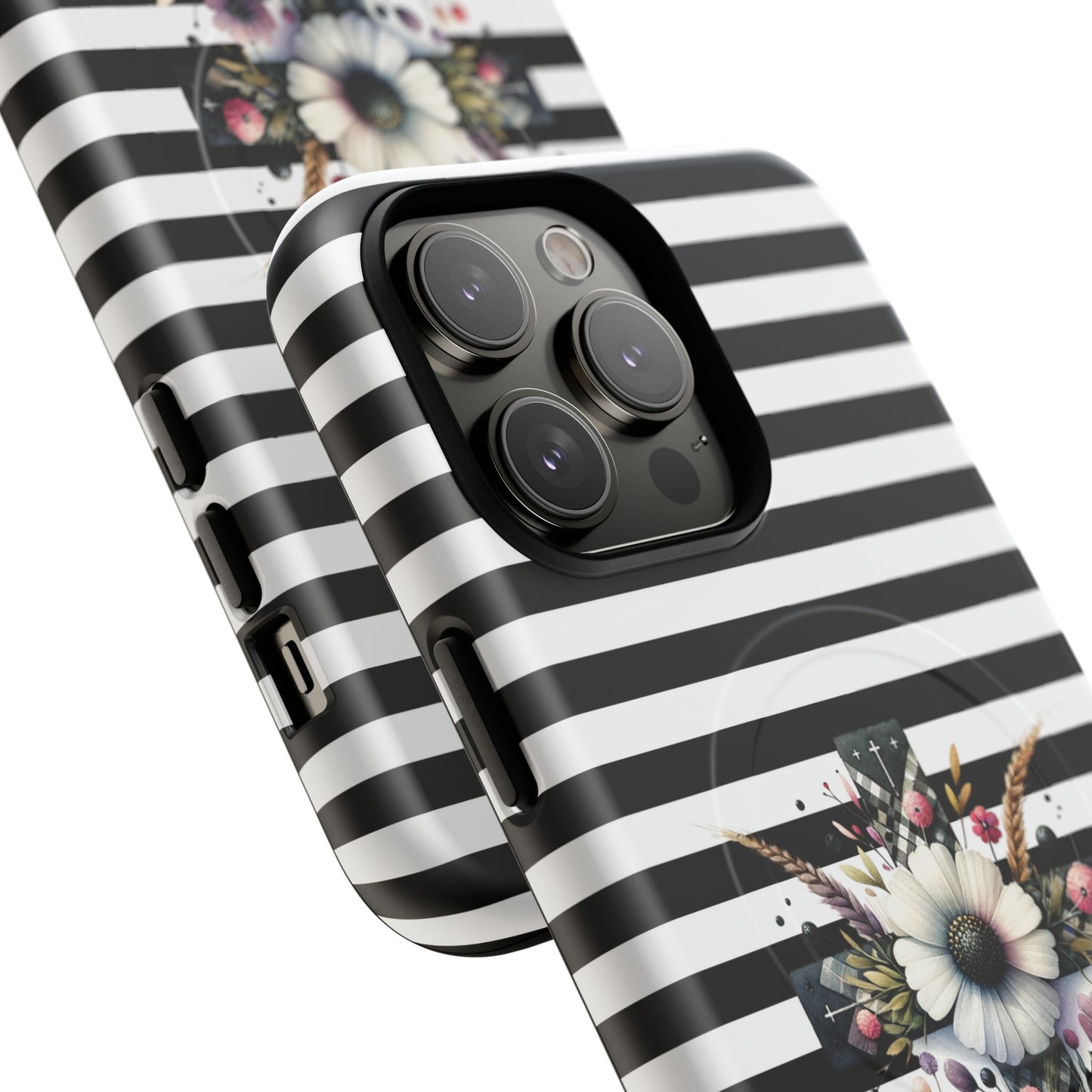 Faith in Bloom Tough iPhone Magnetic Case, iPhone Accessories, Floral iPhone Cover, Durable Cases for Gifts, Black and White Stripes