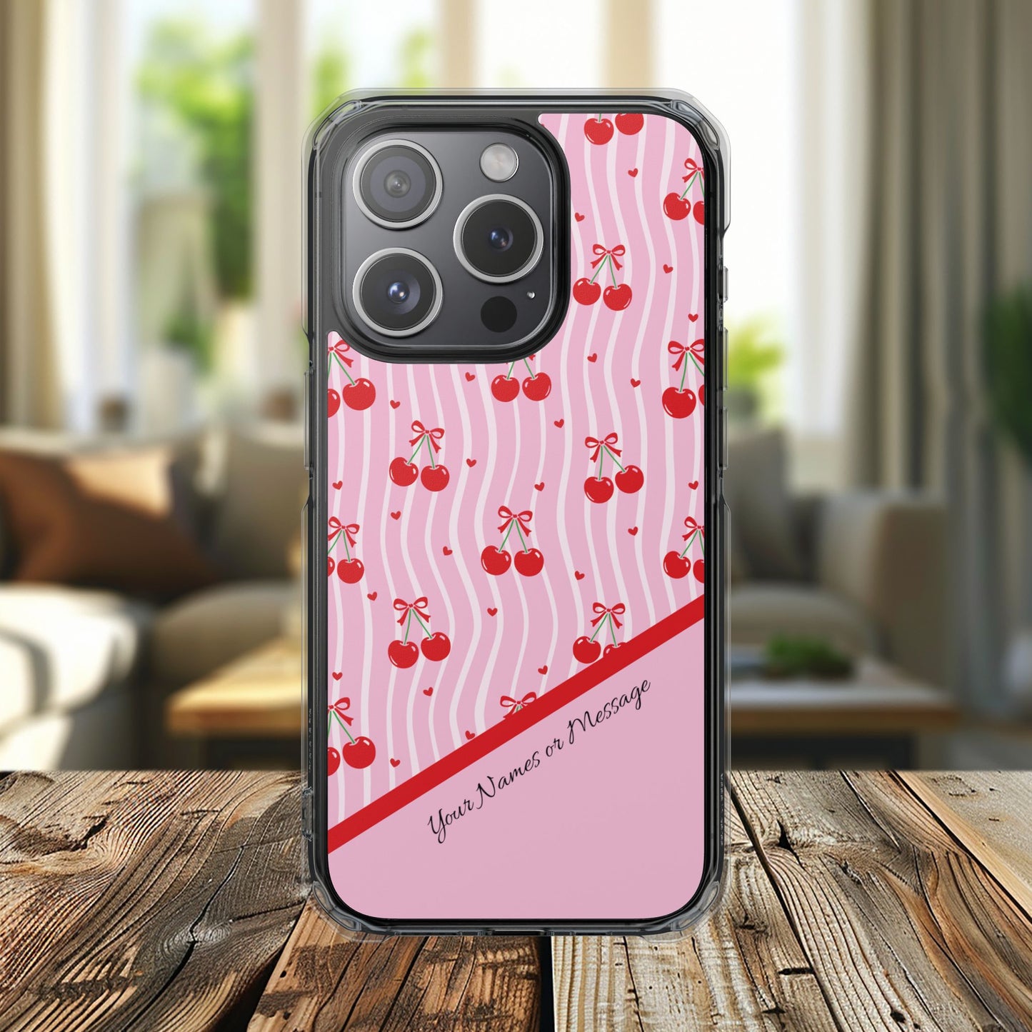 Personalized Cherry Blossom Dreams Clear Magnetic MagSafe iPhone® 13, 14, 15, 16, 17, X/XS, SE, XR, Mini, Pro, Pro Max, Plus Cases. — Customizable Name Accent