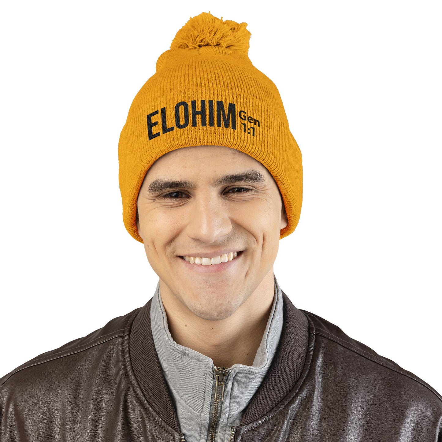 Cozy Pom-Pom Knit Cap with 'ELOHIM, GENESIS 1:1'  Embroidery Beanie - Stylish Winter Accessory for All Ages, Perfect Gift for Birthdays, Holidays, and Outdoor Activities