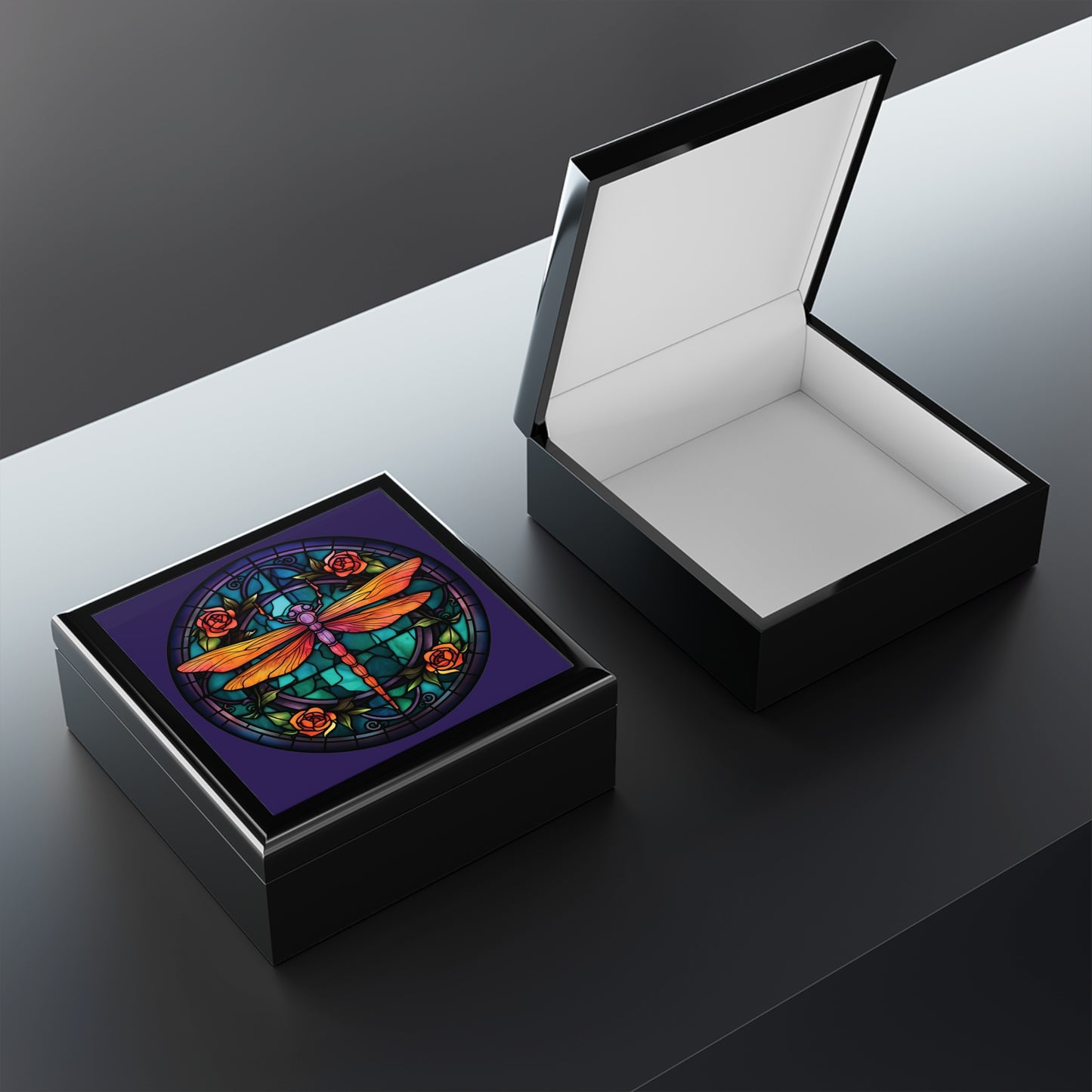 Stained Glass Dragonfly Jewelry Box — Floral Keepsake Box
