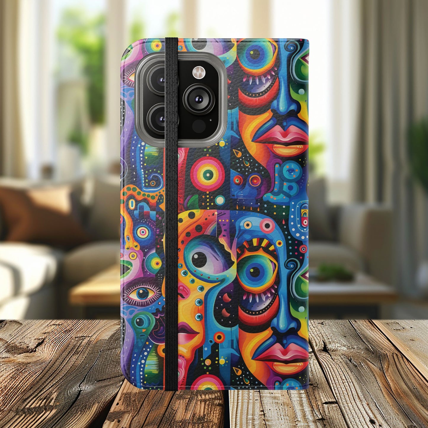 Psychedelic Visions Vibrant Art Flip iPhone and Samsung Phone Case - Colorful Faces Design for Phone Protection