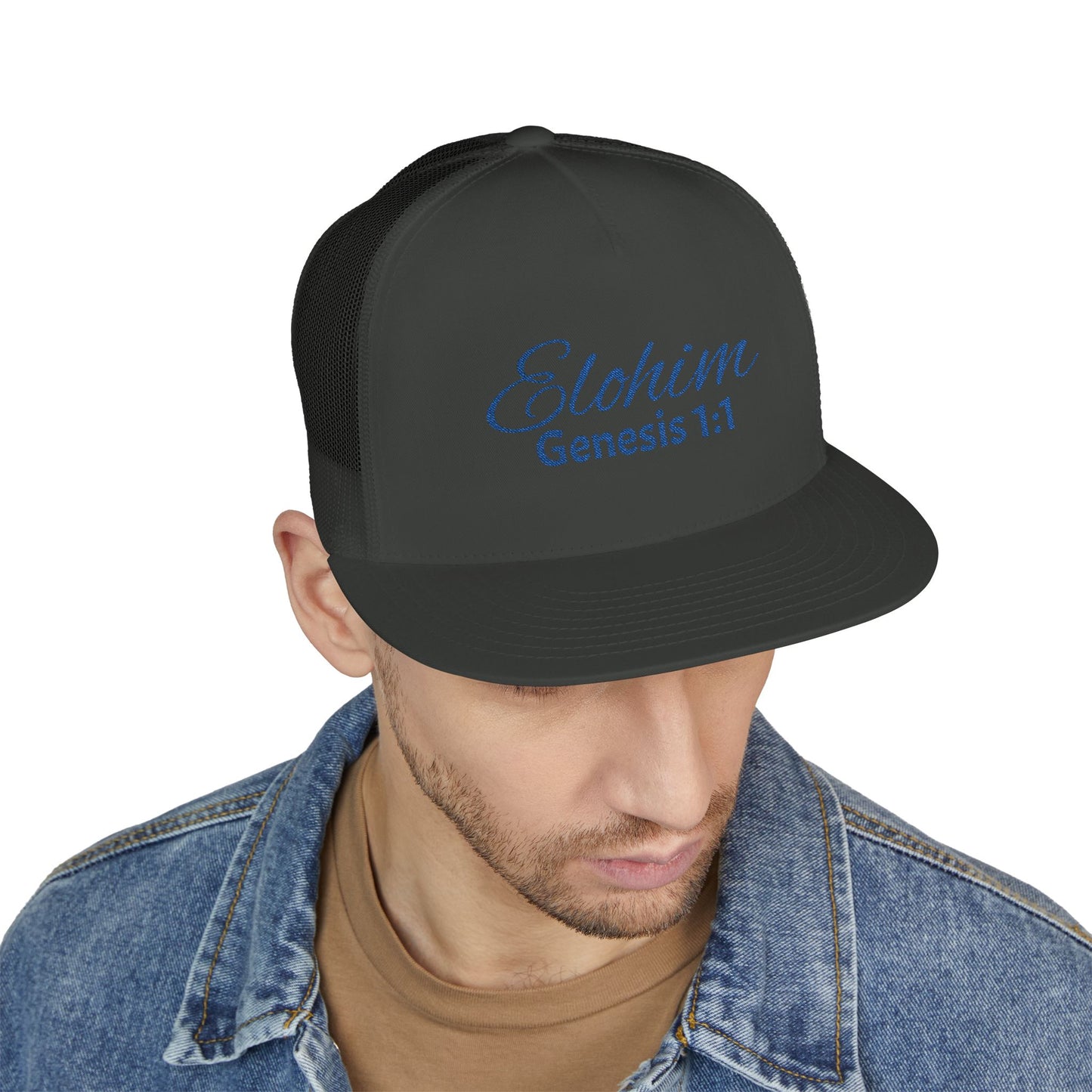 Navy 'ELOHIM, GENESIS 1:1'  Embroidered 5 Panel Trucker Cap | Casual Style Hat, Adjustable, Unisex, Perfect Gift for Outdoors, Festivals, Daily Wear