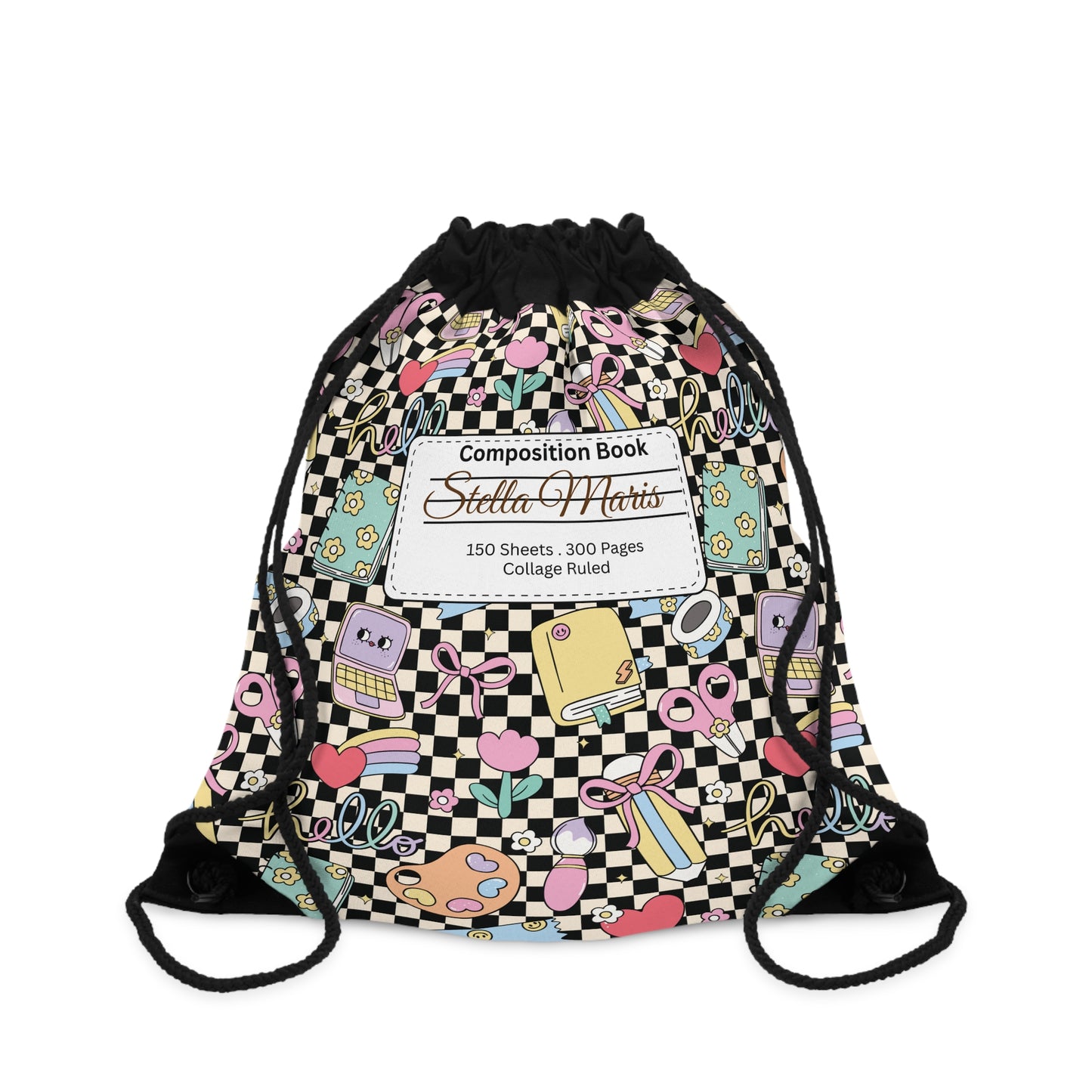Composition Black Doodle Daydream Book Inspired Colorful ABC Drawstring Bag | Personalized College Ruled Tote | Kids School Gear | Fun Gym Sack | Back to School Accessory
