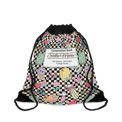 Composition Black Doodle Daydream Book Inspired Colorful ABC Drawstring Bag | Personalized College Ruled Tote | Kids School Gear | Fun Gym Sack | Back to School Accessory