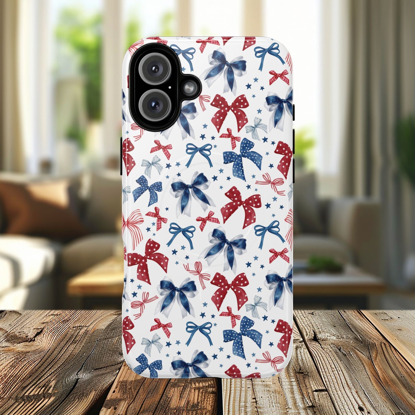Patriotic Coquette Tough iPhone Magnetic Case, Stylish Gift for Her, Summer Celebrations, Cute Bow Design