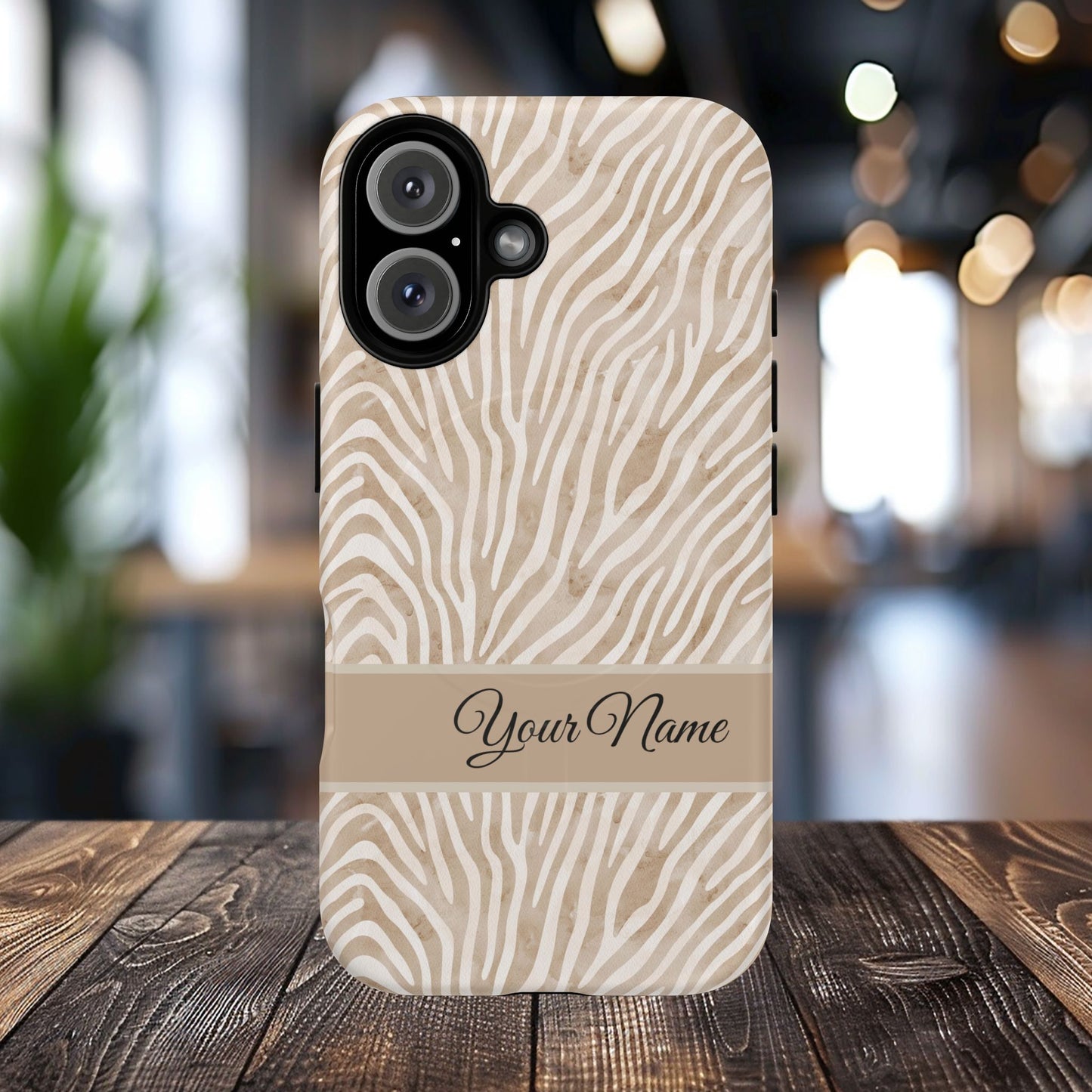 Personalized Zebra Animal Print Cover, Tough Magnetic MagSafe® iPhone® 13, 14, 15, 16, 17, Pro, Pro Max, Plus Cases (Custom Name).
