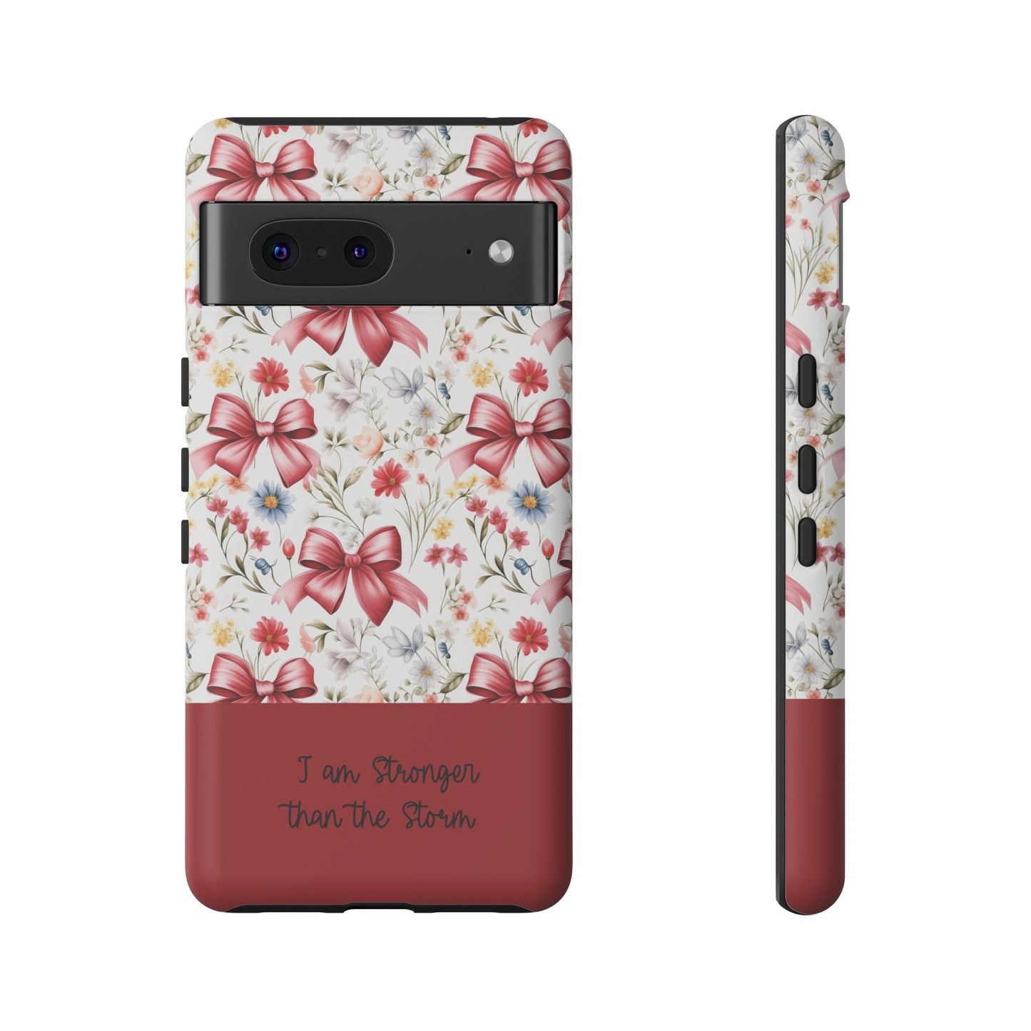 Personalized Rosette Coquette Phone Case - Custom Name/Message 'I Am Stronger Than The Storm' Floral Bow Protective Case