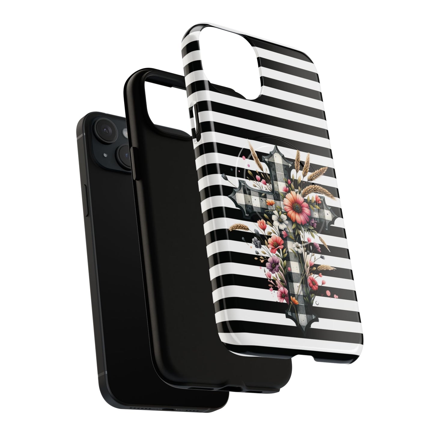 Grace in Bloom Tough Magnetic iPhone Case with Floral Cross Design, Boho iPhone Cover, Striped iPhone Case, Unique Religious Gift, Trendy Cell iPhone Accessory.