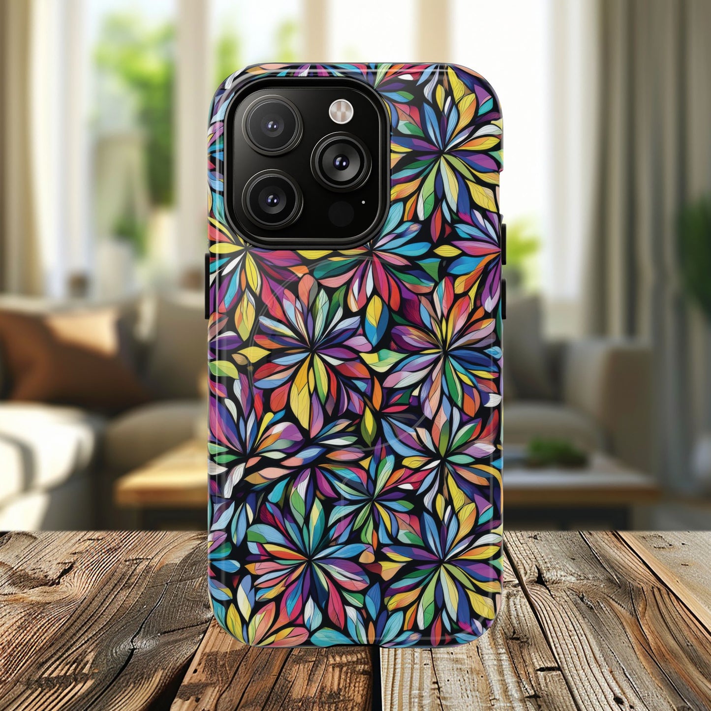 Prism Petal Burst Tough Magnetic iPhone Case, Colorful iPhone Case, Unique Gift for Flower Lovers, Stylish stained Glass Accessory