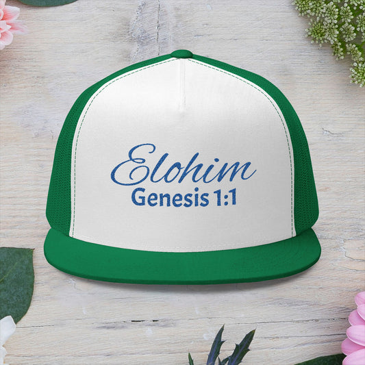 Navy 'ELOHIM, GENESIS 1:1'  Embroidered 5 Panel Trucker Cap | Casual Style Hat, Adjustable, Unisex, Perfect Gift for Outdoors, Festivals, Daily Wear
