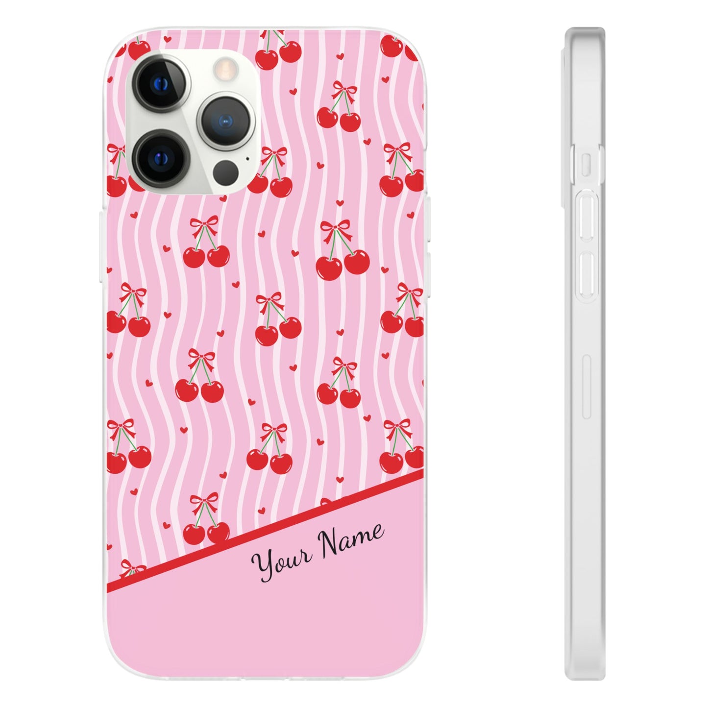 Personalized Cherry Blossom Dreams Flexi Case — Pink Retro Cherry iPhone® 7/8, 11, 12, 13, 14, 15, 16, 17, X/XS, SE, XR, Mini, Pro, Pro Max, Plus Cases.