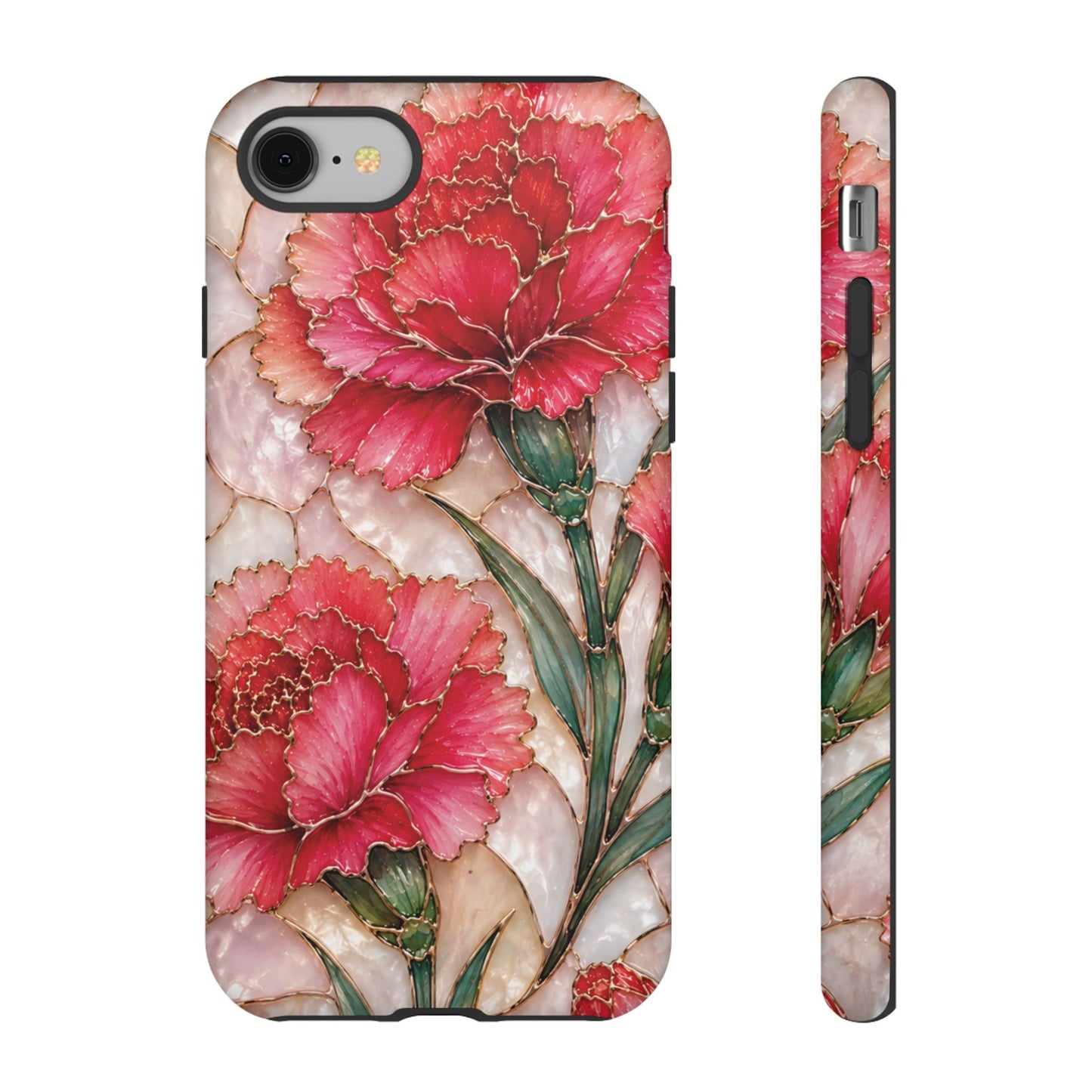 Stained Glass Effect Carnation Floral Tough Phone Case – Pink Vintage Botanical Protective Cover