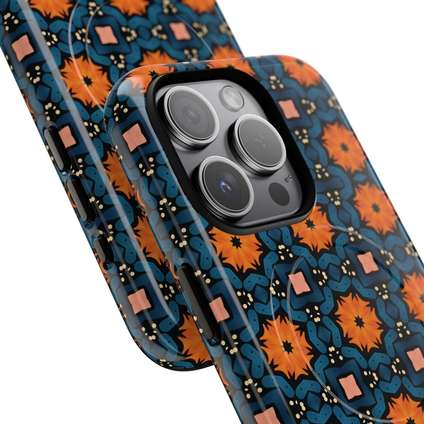 Saffron Tile Bloom Vibrant Floral Tough Magnetic iPhone Case, Durable iPhone Cover, Gift for Her, Floral Design, Unique iPhone Protection.