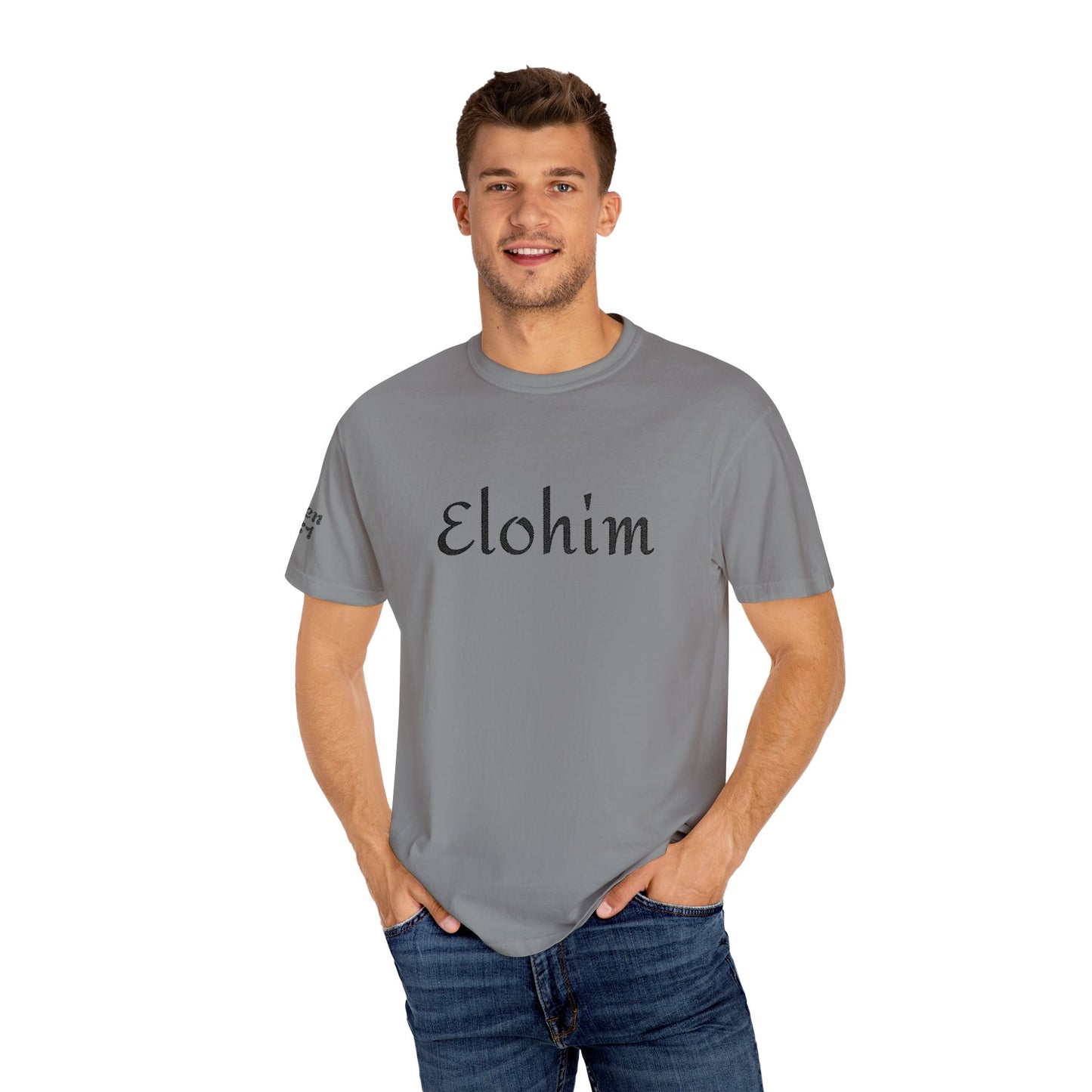 Embroidery 'ELOHIM, GENESIS 1:1' - Faith-Based Unisex Garment-Dyed Comfort Colors T-shirt, Faith Gift Tee, Religious Tee, Embroidery Tee.
