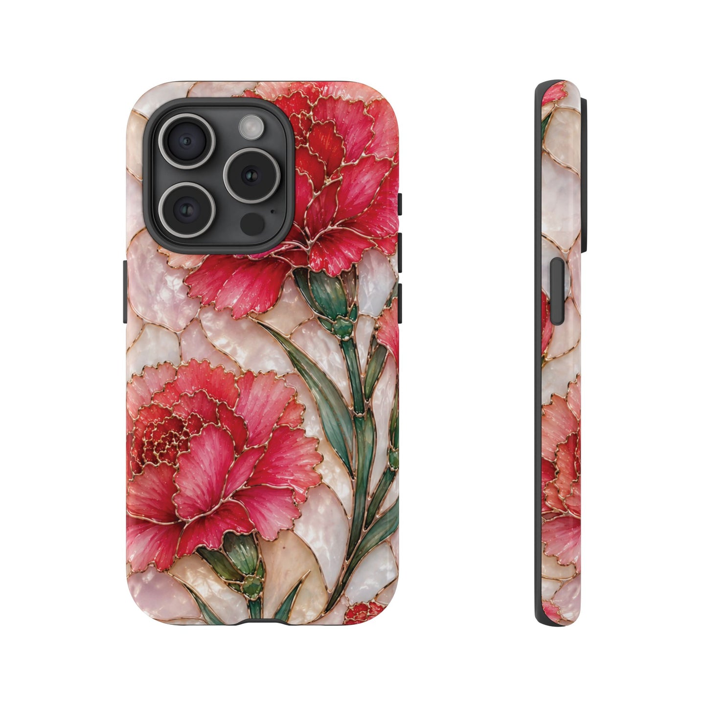 Stained Glass Effect Carnation Floral Tough Phone Case – Pink Vintage Botanical Protective Cover