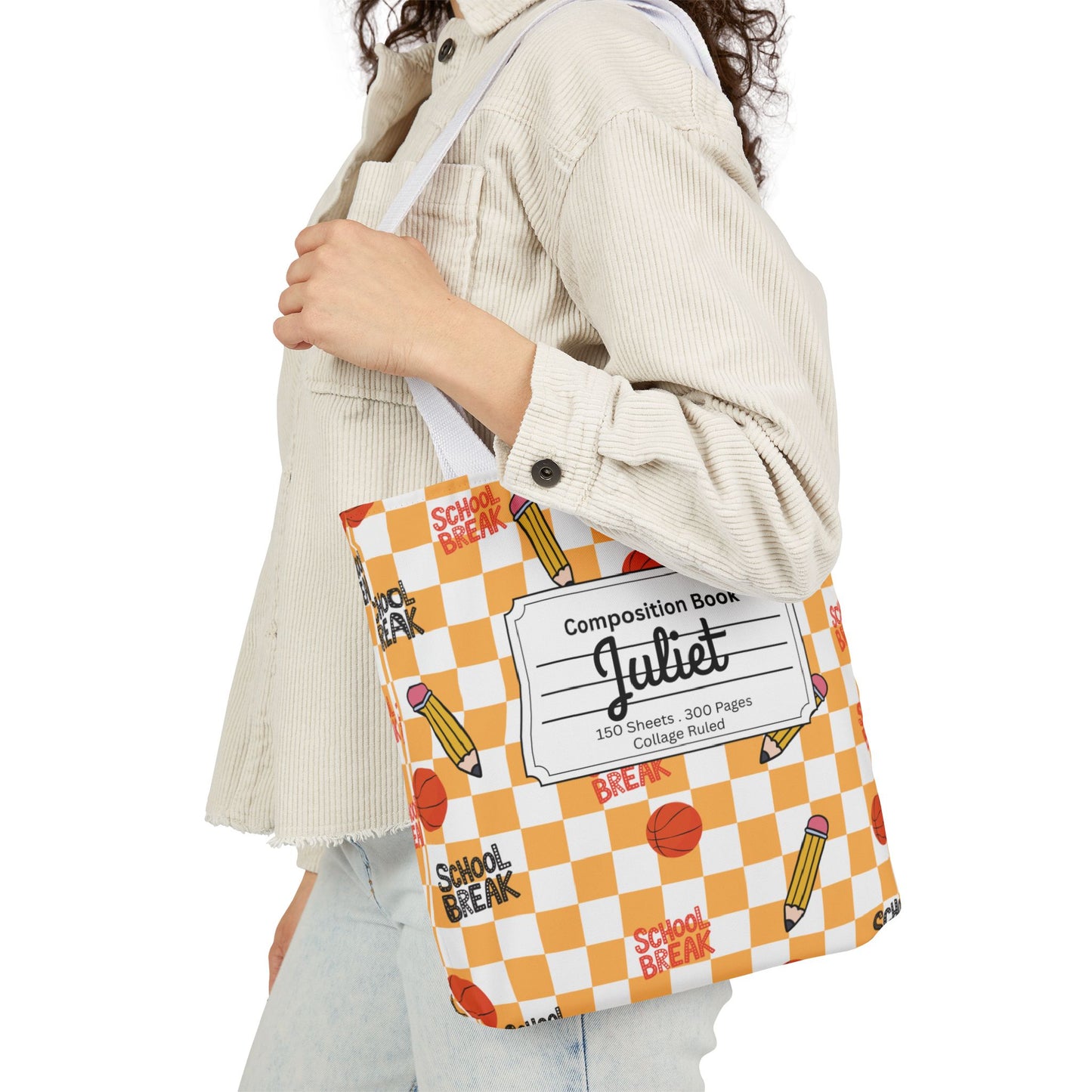 Personalized Orange Schoolyard Chic Composition Book Inspired Canvas Tote Bag with Colorful Straps, Cute School Bag, Eco-Friendly Tote, Back to School Shopping Bag, Teacher Gift Idea