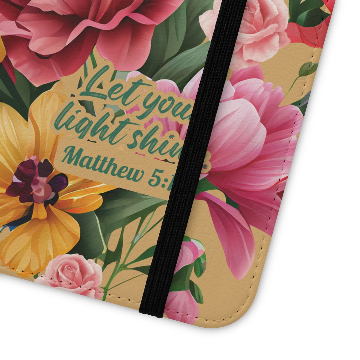 Floral Scripture Flip Case — "Let Your Light Shine" Wallet Phone Cover (Matthew 5:16)