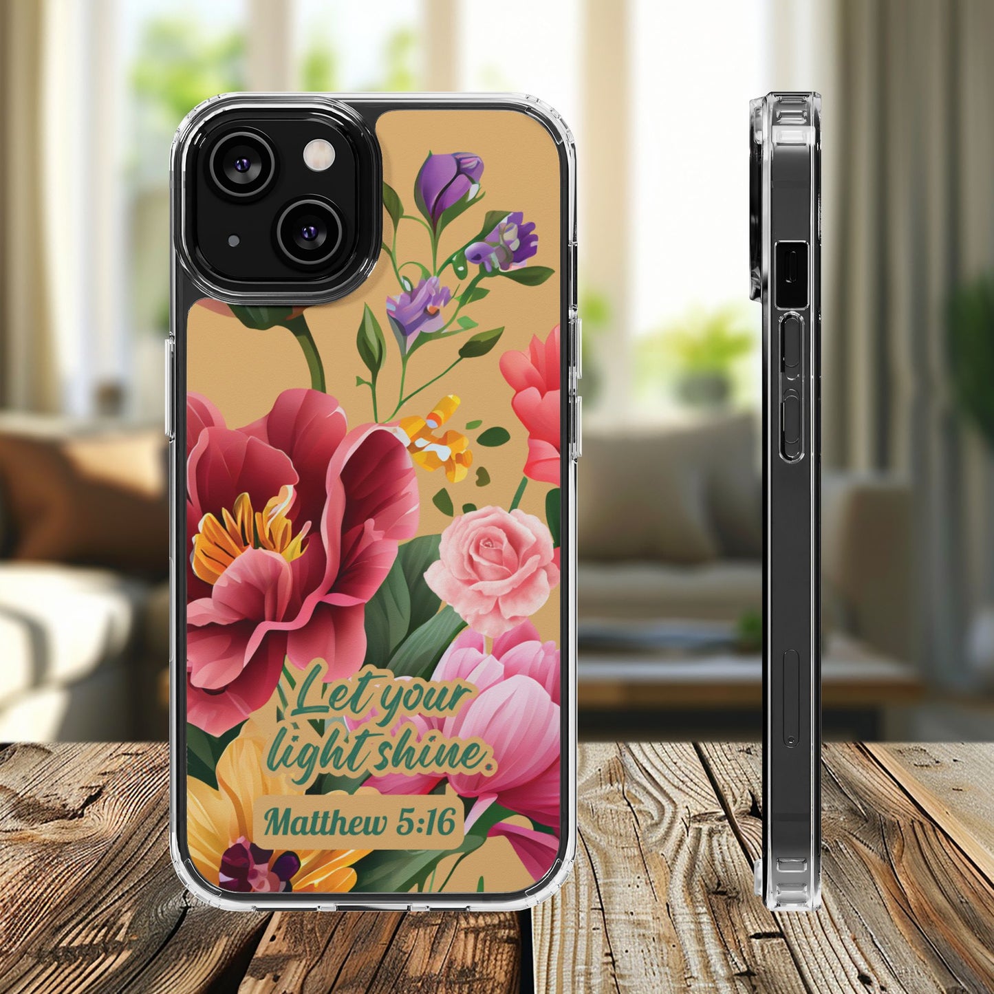 Clear Floral Bible Verse Phone Case — "Let Your Light Shine" (Matthew 5:16) for iPhone and Samsung Cases.