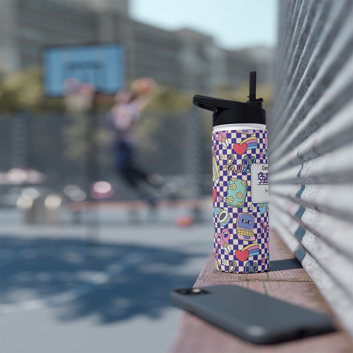 Personalized Purple Doodle Daydream Composition Book Inspired Stainless Steel Water Bottle for Kids, School Supplies, Eco-Friendly Drinkware, Back to School, Teacher Gifts