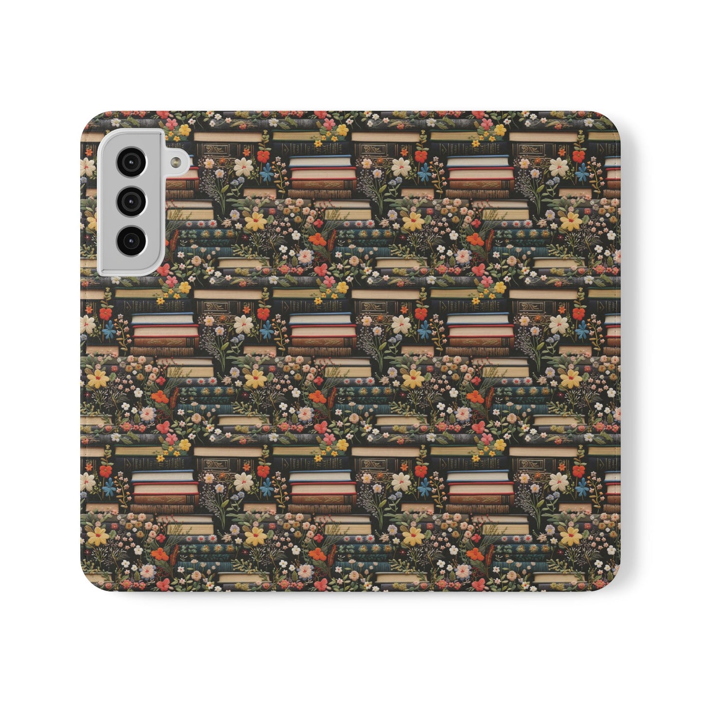 Book Stack Floral Flip iPhone and Samsung Phone Case — Vintage Library Wallet Cover.